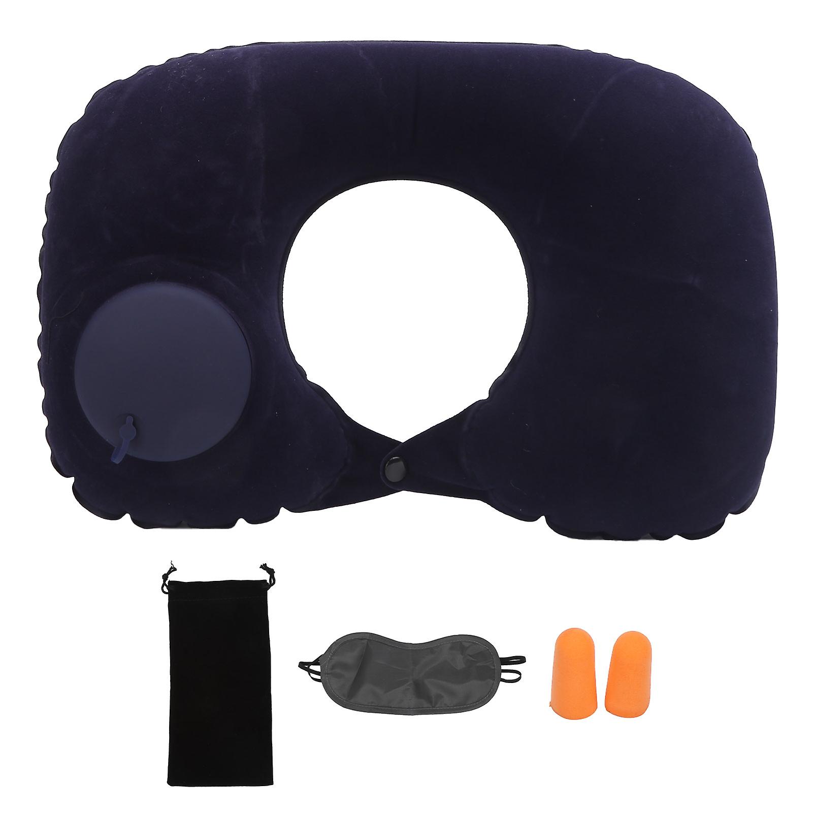 Cervical pillow for car U shape inflatable head rest cushion navy blue