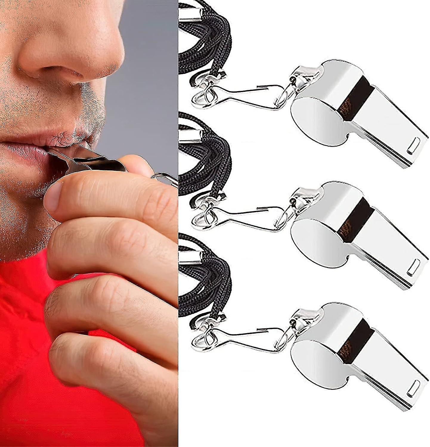 Set of 3 Stainless Steel Whistles, Sports Whistles with Lanyard, Extra Loud Referee Coach Whistle fo