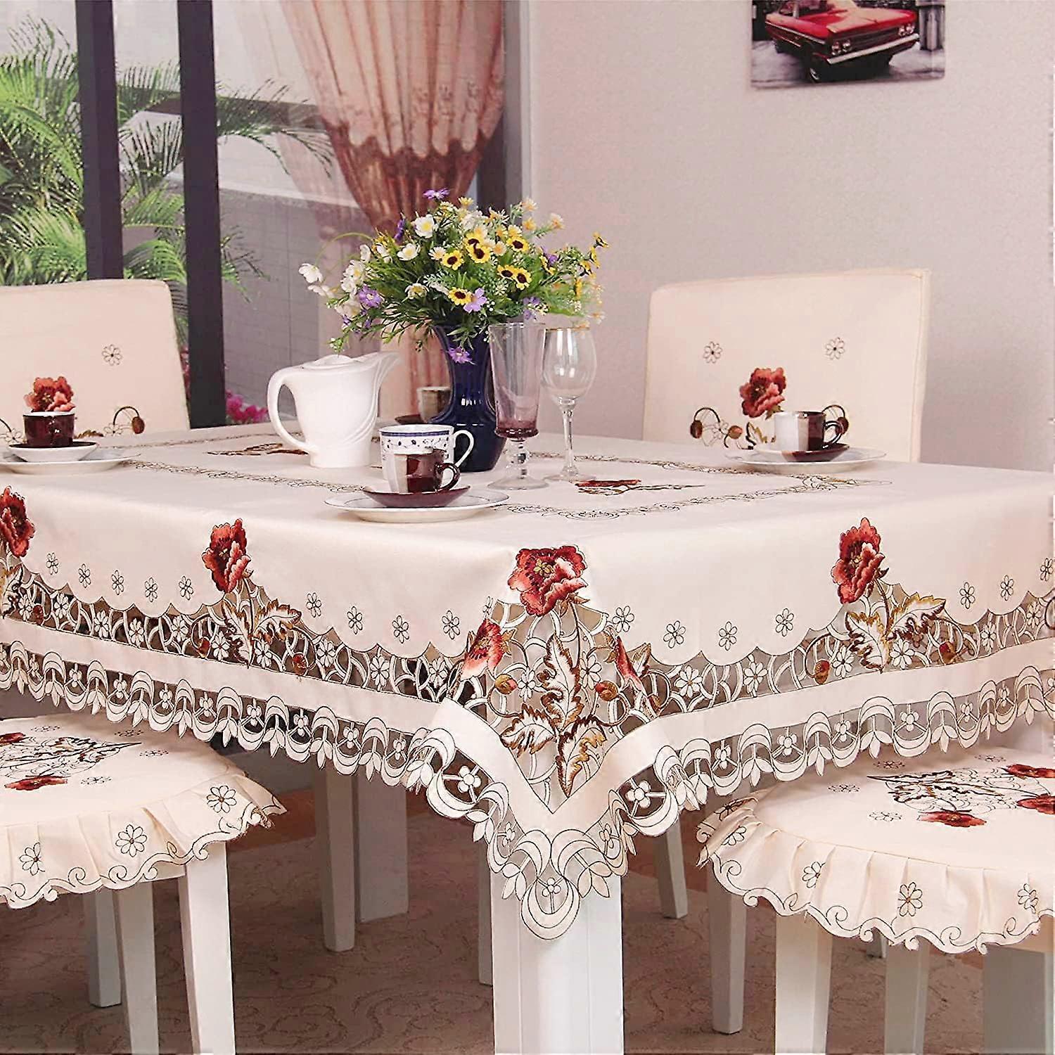 Flower Embroidered Lace Cream Tablecloth Luxury Cutwork Table Cloths Cover Rectangular
