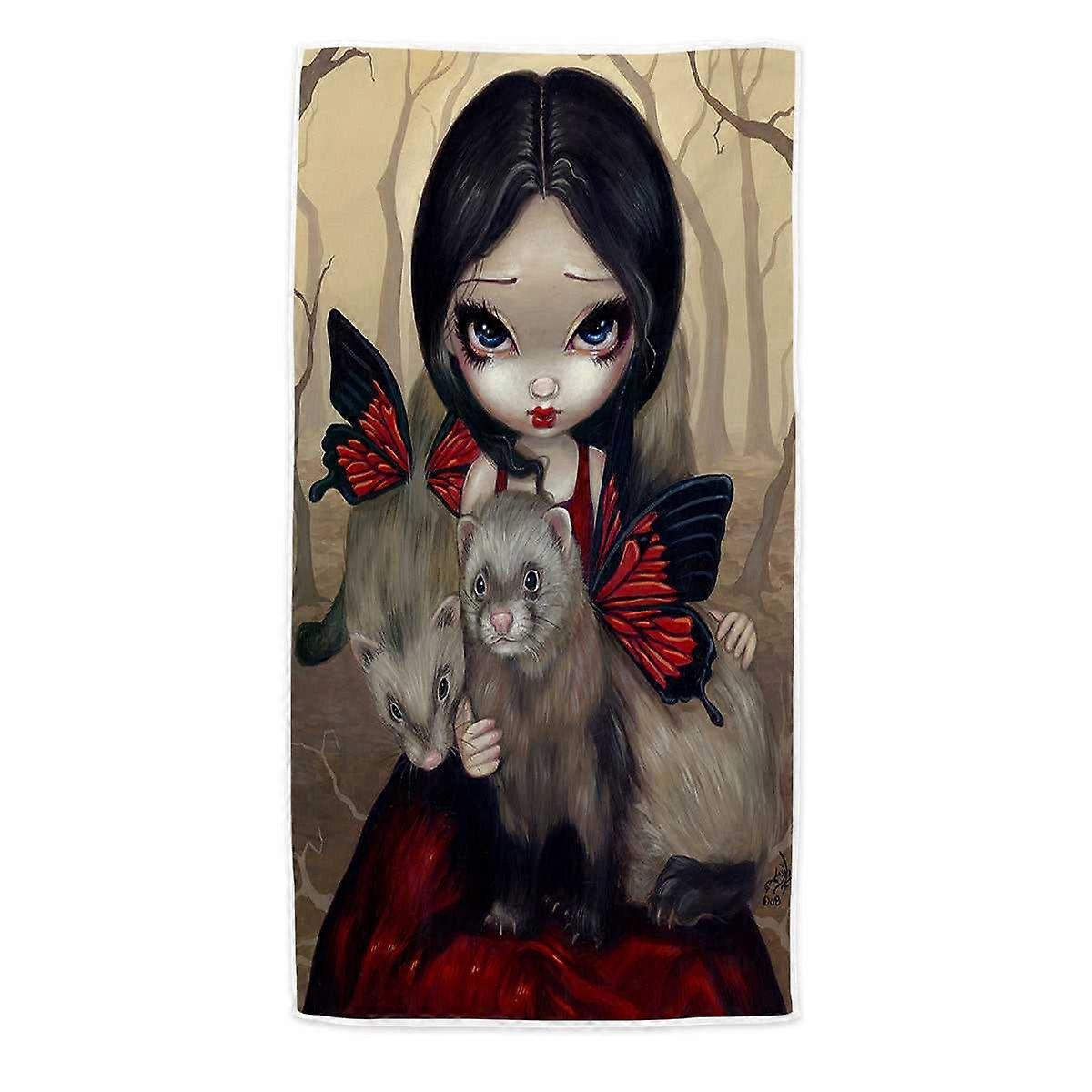 Beautiful Maiden with Red Butterfly Ferrets Microfiber Beach Towel