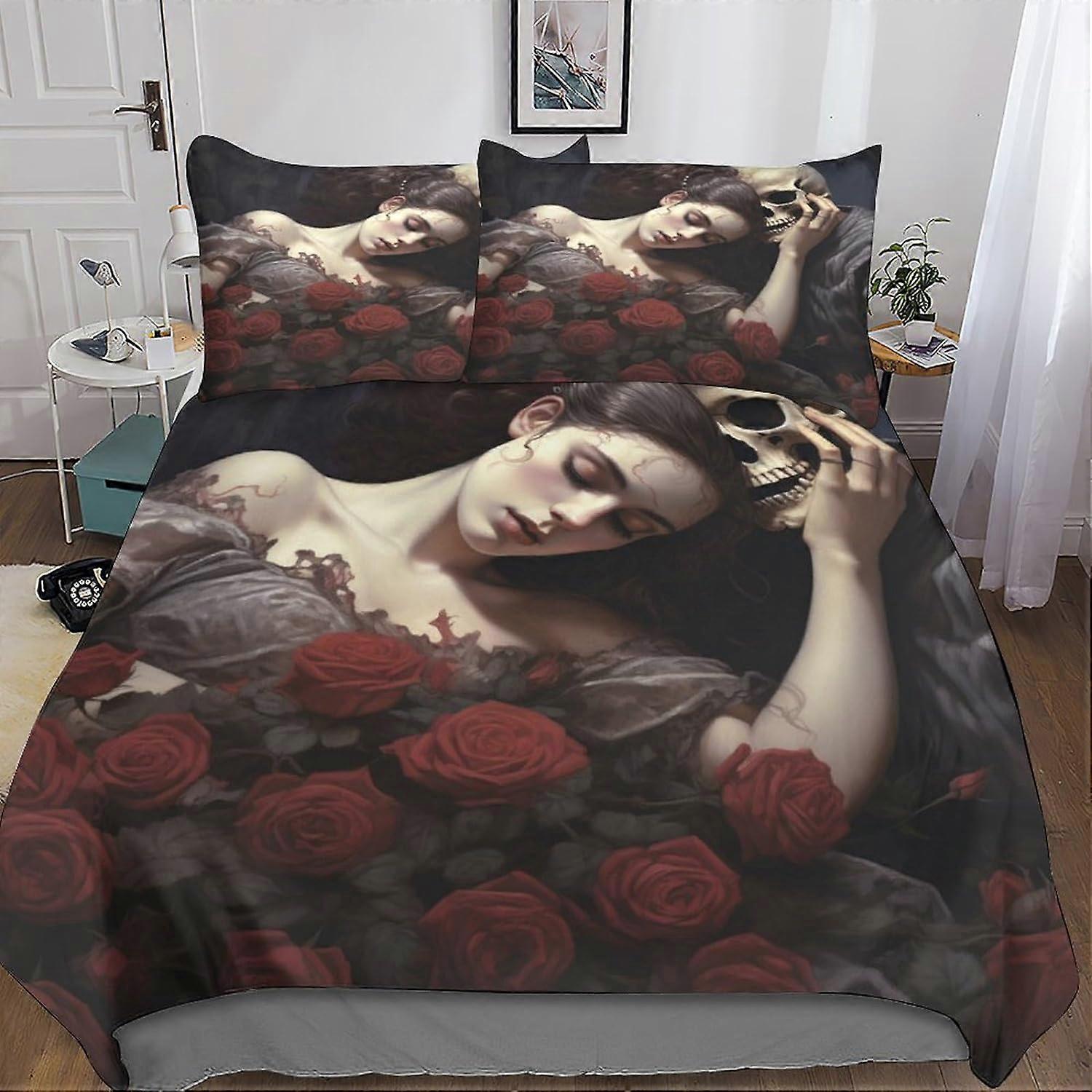 Skull 3D Duvets and Bedding Sets with Pillowcase, Pink Bedding Duvet Cover, 3 Pieces Microfiber Bedding with Zipper Closure Pillowcases Double