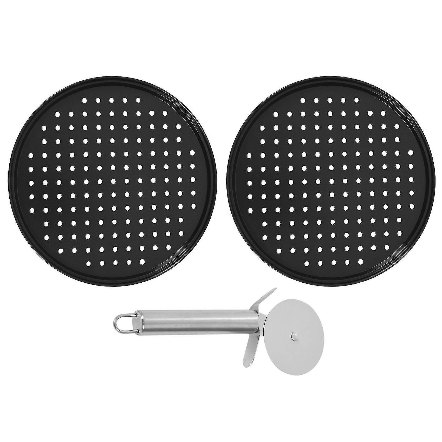 2pieces Pizza Pan With Holes, Perforated Pizza Crisper Tray Non-stick Round Pizza Stone Baking Set W