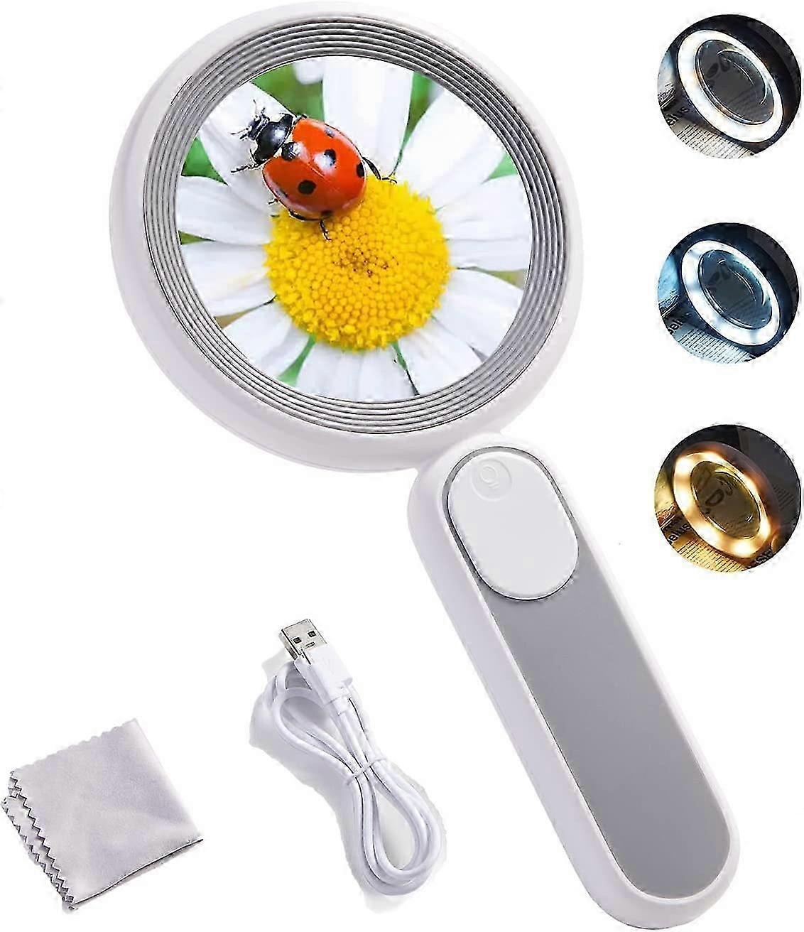 Loupe avec éclairage 30x 21 LED pour enfants âgés, loupe de lecture portative USB, loupe rechargeable, 3 éclairages