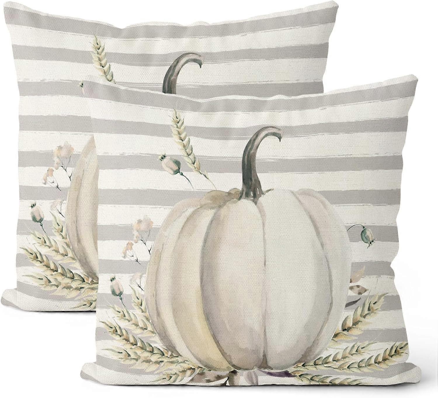Fall Pillow Covers 18x18 Set of 2, Stripes White Watercolor Pumpkin Throw Pillow Covers Farmhouse Autumn Thanksgiving Cushion Case Fall Home Decor for