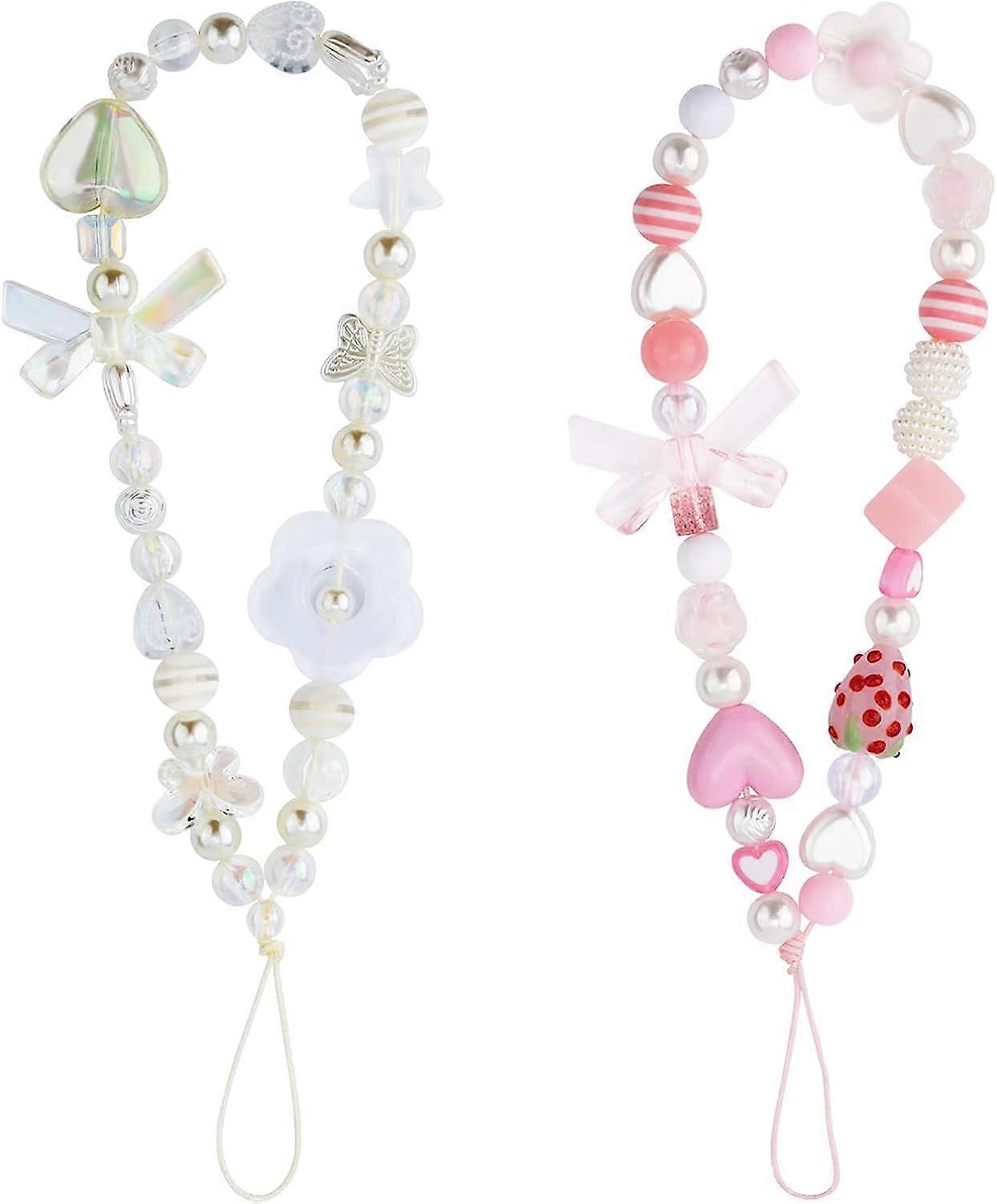 2pcs Phone Charm Cute Beaded CellPhone Straps Charms Phone Bracelet Strap Strawberry and Butterfly Phone Hand Lanyard Flower Phone Chain Mobile phone