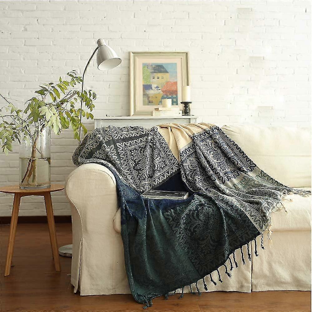 150cm*190cm, Bleu+blanc, 1pc Coton Single Sofa Blanket, Knitted Fringed Blanket, Reversible Patchwork, Warm Decorative Blanket For Home Office Travel