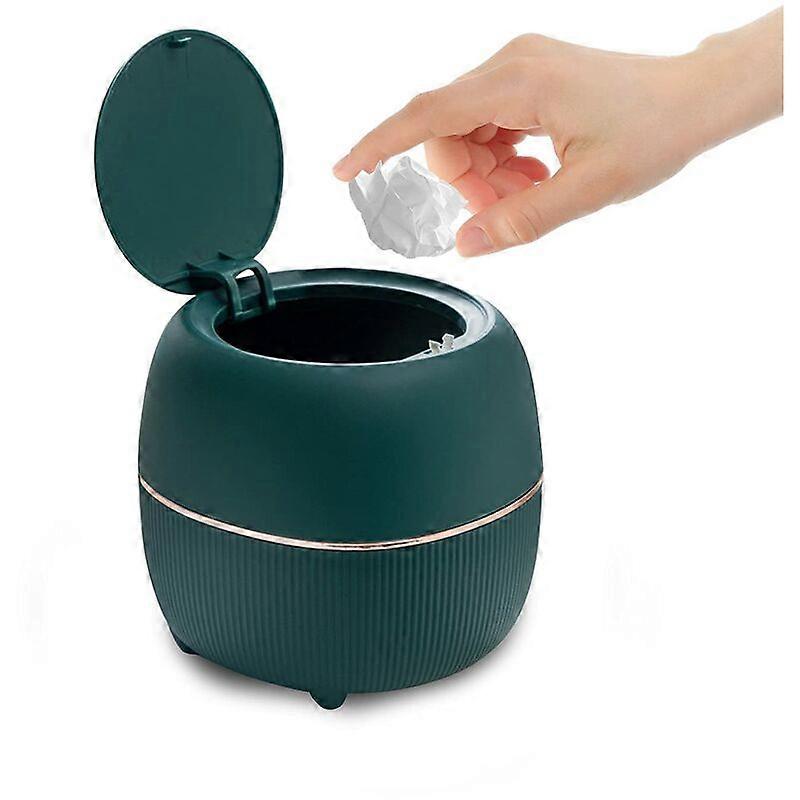 Mini Round Plastic Press Type Desktop Trash Can with Lid, Small Plastic Trash Can for Countertop, Home, Kitchen, Bathroom, Office (Green)