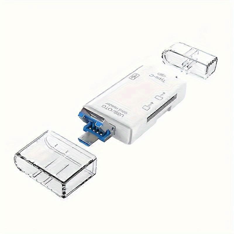 A Versatile OTG Multi-function Card Reader With Six Different Ports Including Type-C, USB A, Micro USB, And Support For Micro/SD Cards. It Is Compatib
