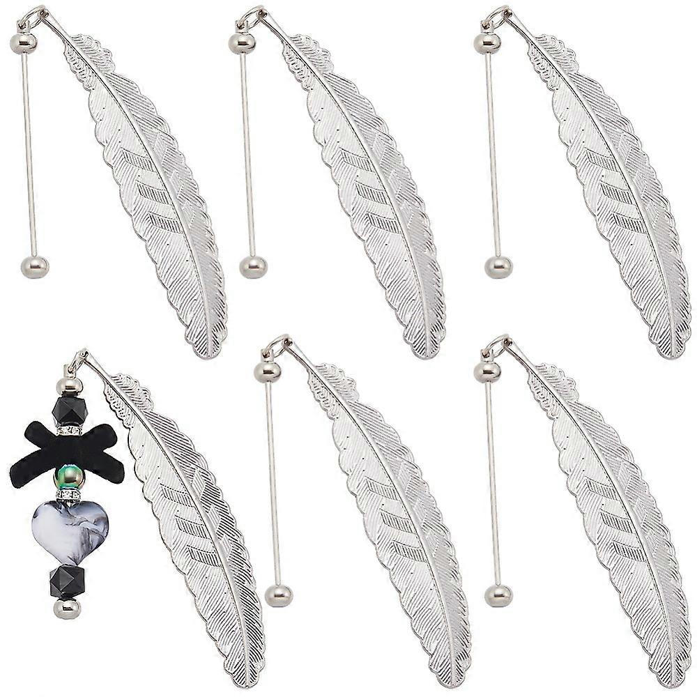 6Pcs Alloy Feather Pendant Bookmarks Beadable Bookmarks Silver 197mm