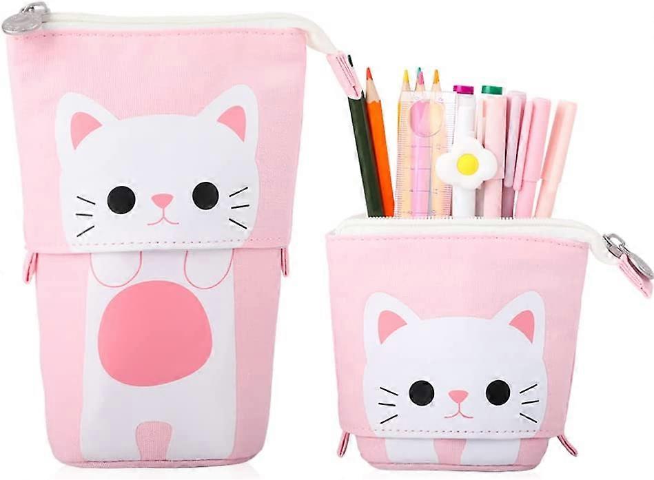 Transformer Stand Store Pencil Holder Canvas+PU Cartoon Cute Cat Telescopic Pencil Pouch Bag Stationery Pen Case Box with Zipper Closure 7.5 x 4.9 x 3