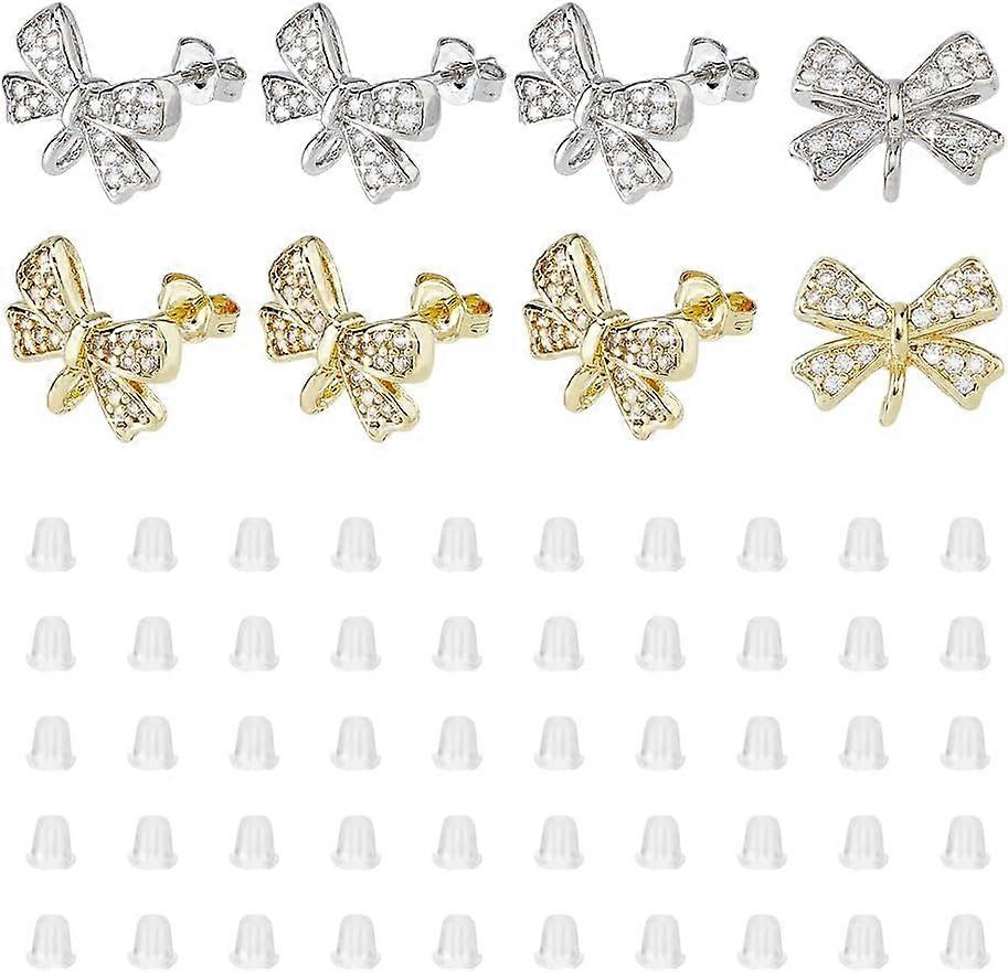 4 Pairs 2 Colors Bowknot Earring Studs Cubic Zirconia Stud Earring Findings Brass Earring Posts with Loop and Plastic Ear Nuts for DIY Earring Making 