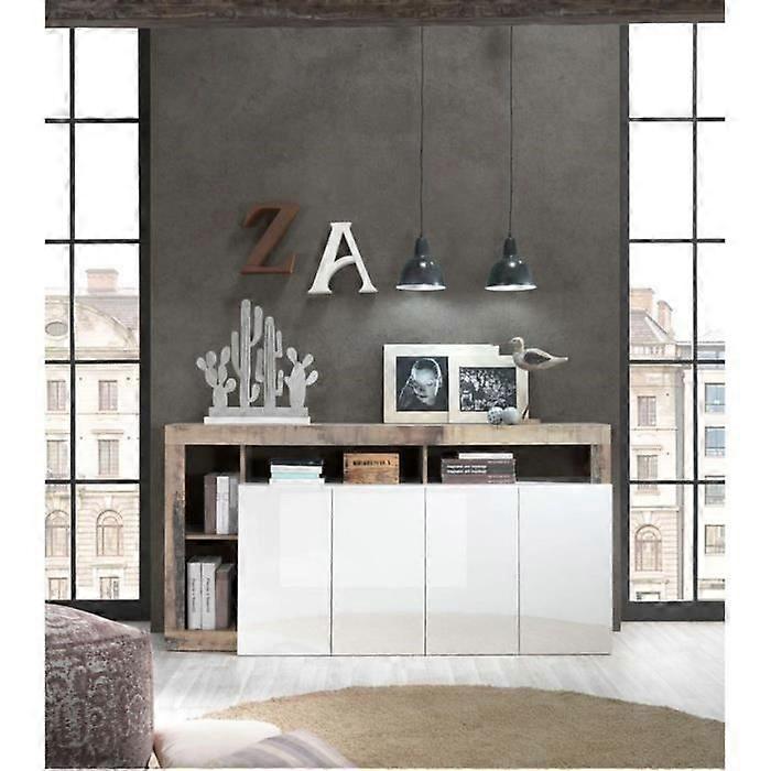 MAESTRO Sideboard - Spanplatte - Vintage Holzoptik und weiß lackiert - 4 Türen - L 184 x T 42 x H 93 cm