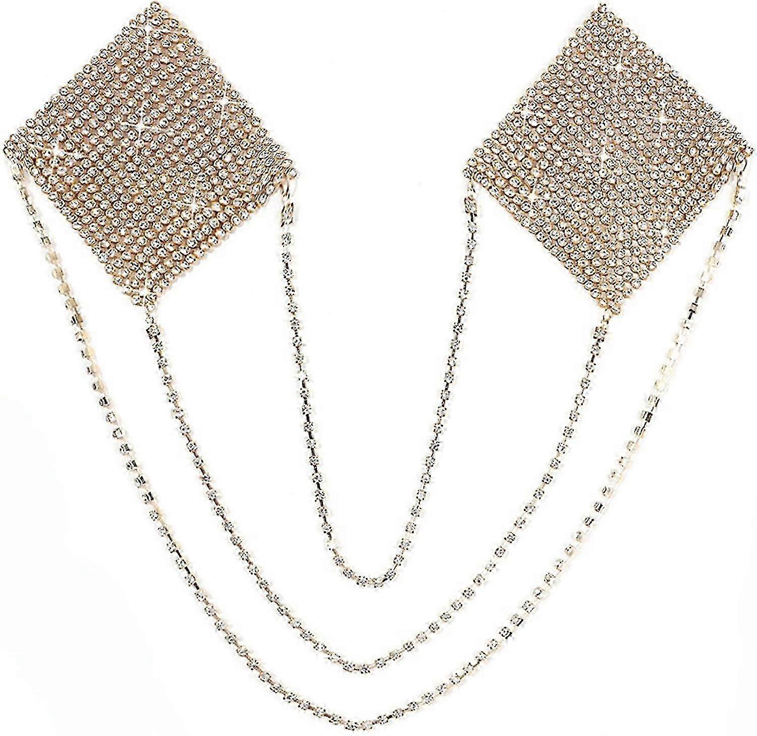 Glitzernde Strasssteine Metallkette Nippelabdeckung mit Quaste, wiederverwendbare Klebepasteten Sexy BH Körperkette