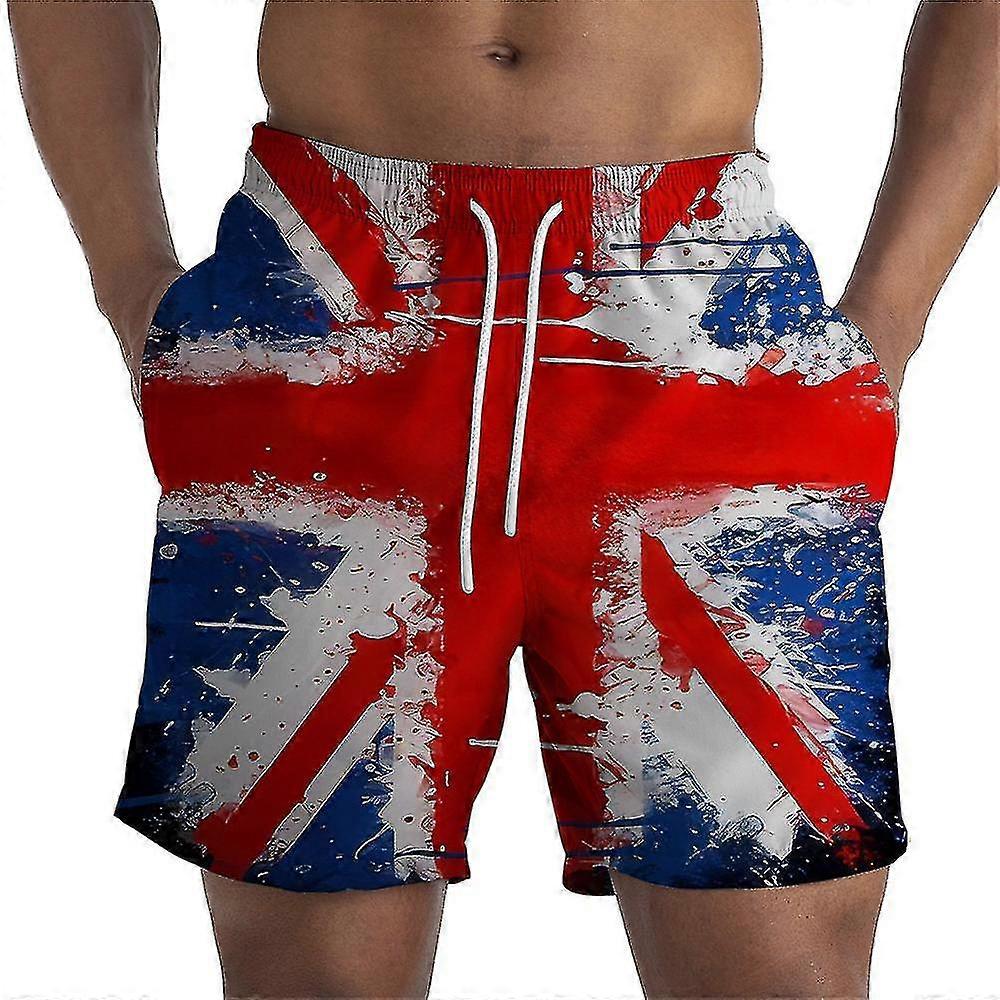 Mens Union Jack Print Elastic Waist Drawstring Shorts Summer Swim Trunks Beach Pants