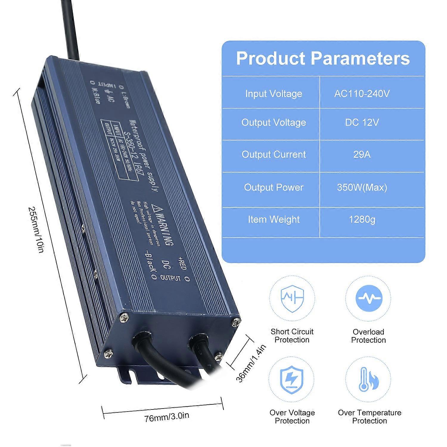 IP67 Waterproof LED Driver Switch Power Supply Transformer Adapter AC 180V-240V to DC 12V 350W Const