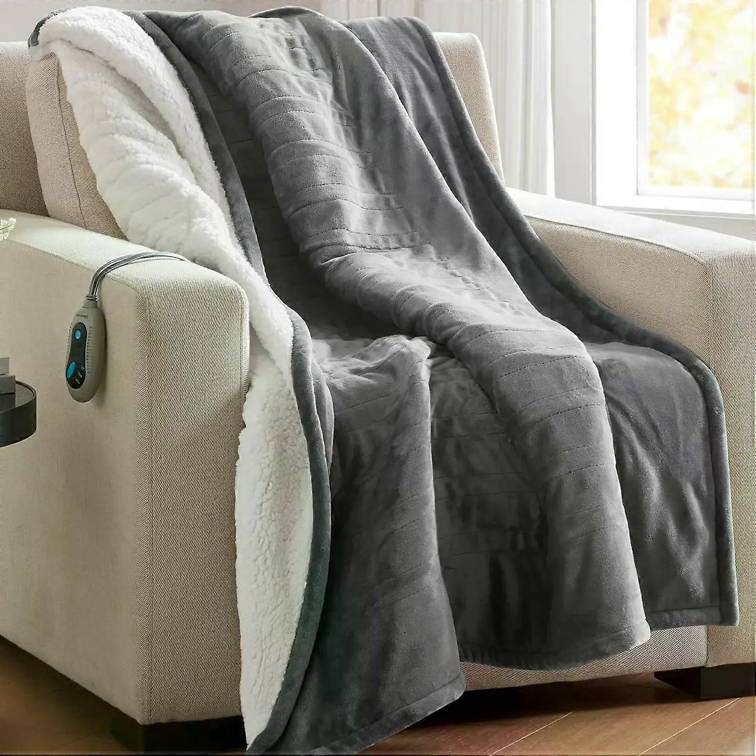 Warm, Reversible Plush Heating Blanket Throw for Office, 3 Heat Settings, 2 hr Auto Shut Off, Machine Washable, 50 x 60 Grey