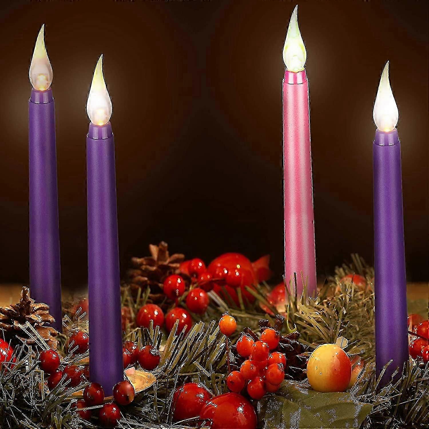 Wabjtam 4 Pieces Led Flameless Advent Candle Set Purple And Pink Advent Taper Candles For Christmas Advent Rituals, Casting Chimes, Spells
