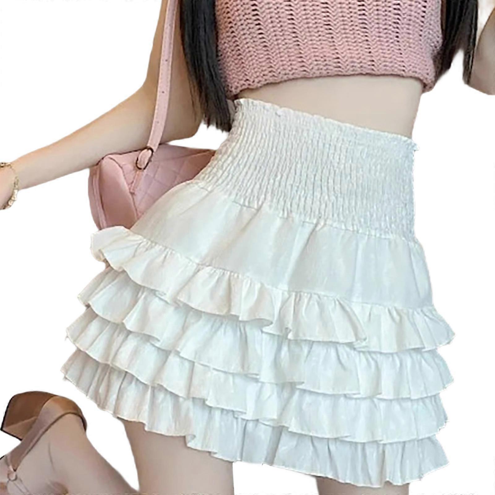 Damen Süß Gerafft Hohe Taille Gestuft A Linie Minirock Ästhetisch Einfarbig Layered Rüschen Swing Kurzer Kuchenrock Weiß XL
