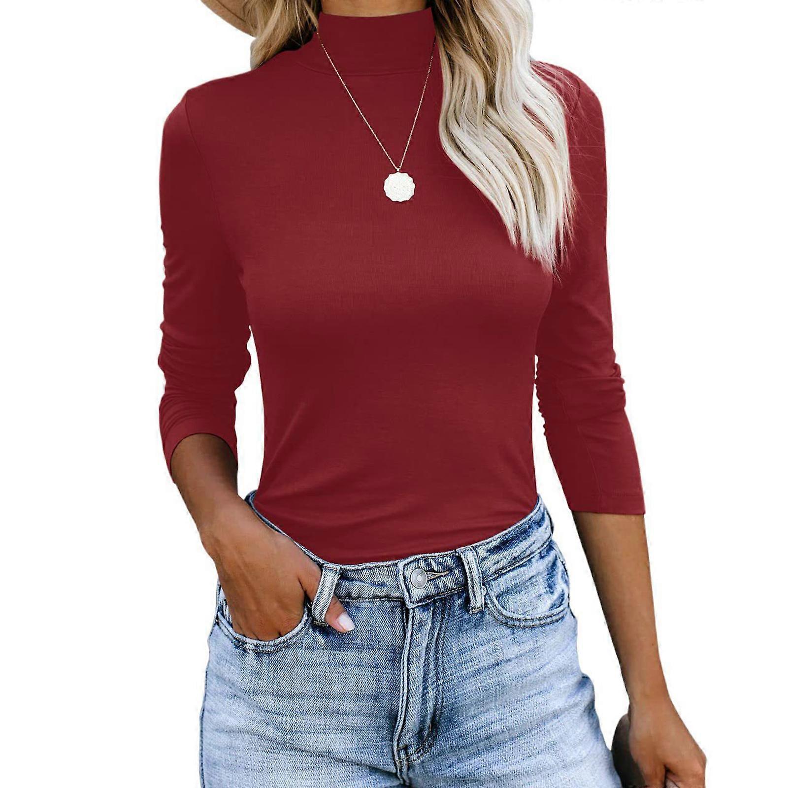 Höst Vinter Mock Turtleneck Skjortor för kvinnor Lätt Slim Fitted Mode Pullover Top Enfärgad Grundläggande T-Shirts Claret XL
