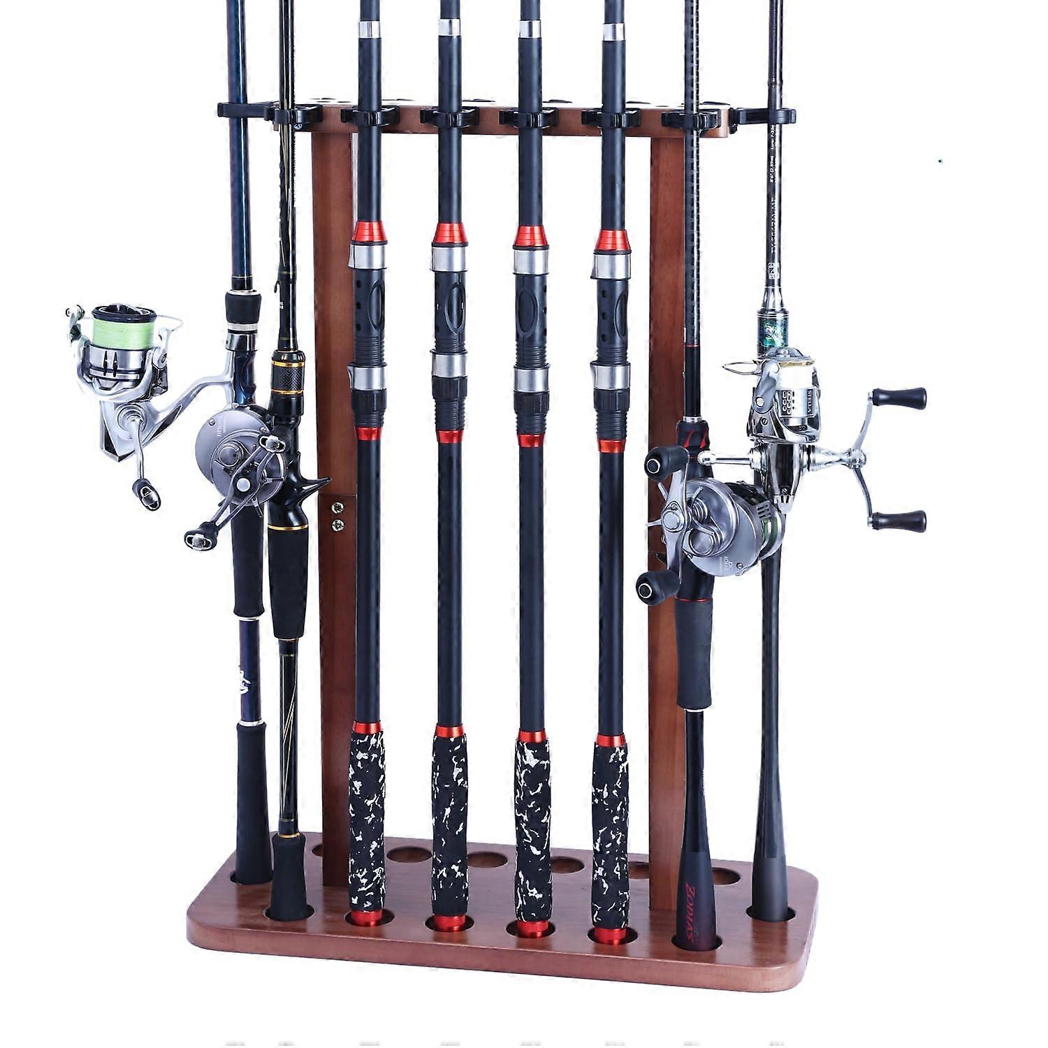 Fishing Rod Storage Racks - 100% Wooden Floor Stand for 14 Fishing Poles or Combos in Garage, Durable and Stable Design