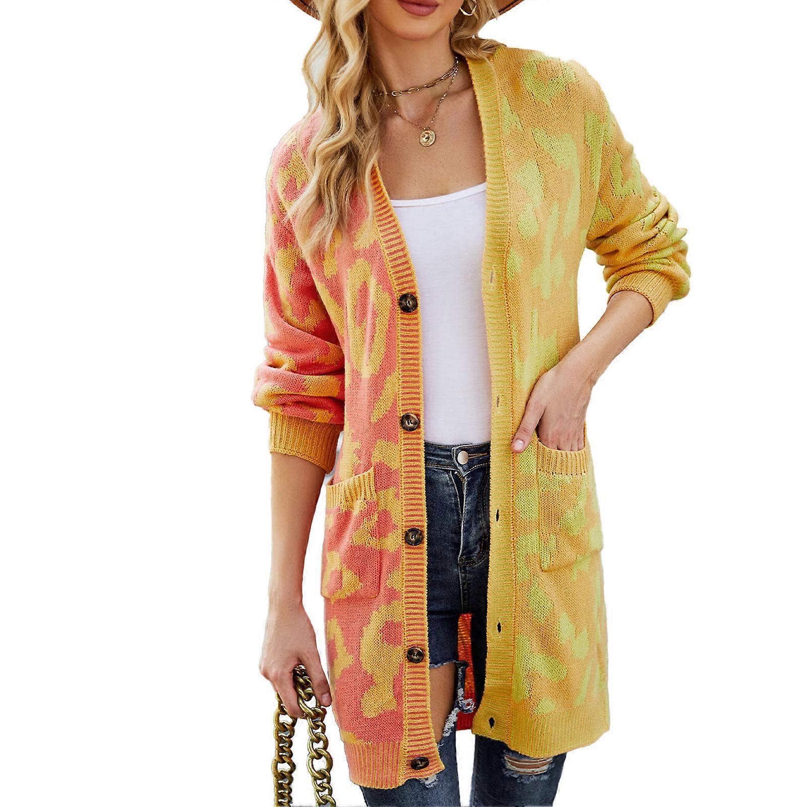 Leopard Print Long Open Coat Stitching Single Breasted Side Pockets Casual Fit Leopard Print Coat