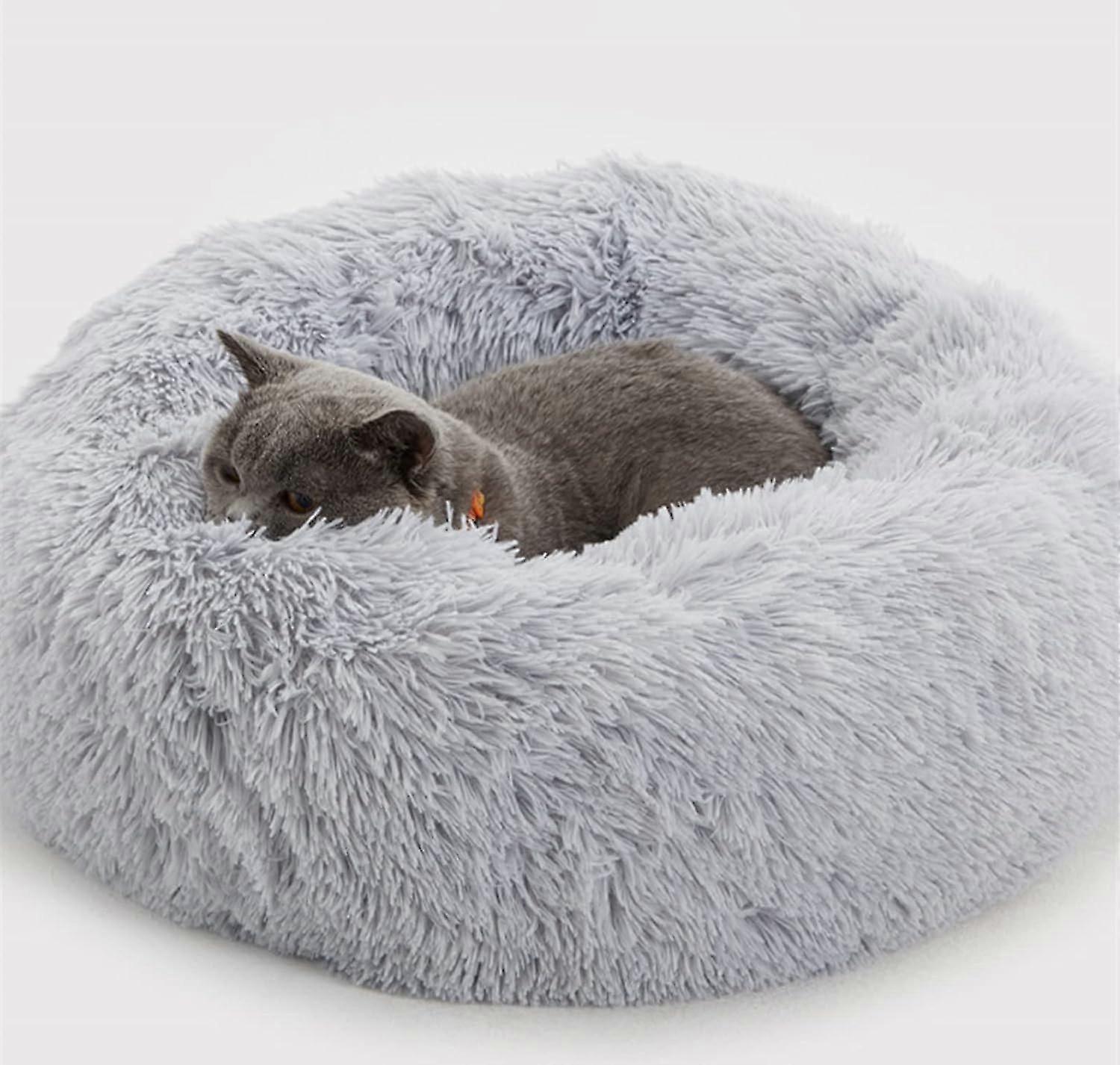 Plush Donut Pet Bed, Calming Round Dog Cat Bed Soft And Fluffy Cuddler Pet Cushion Self-warming Puppy Beds Machine Washable, Grey 50cm