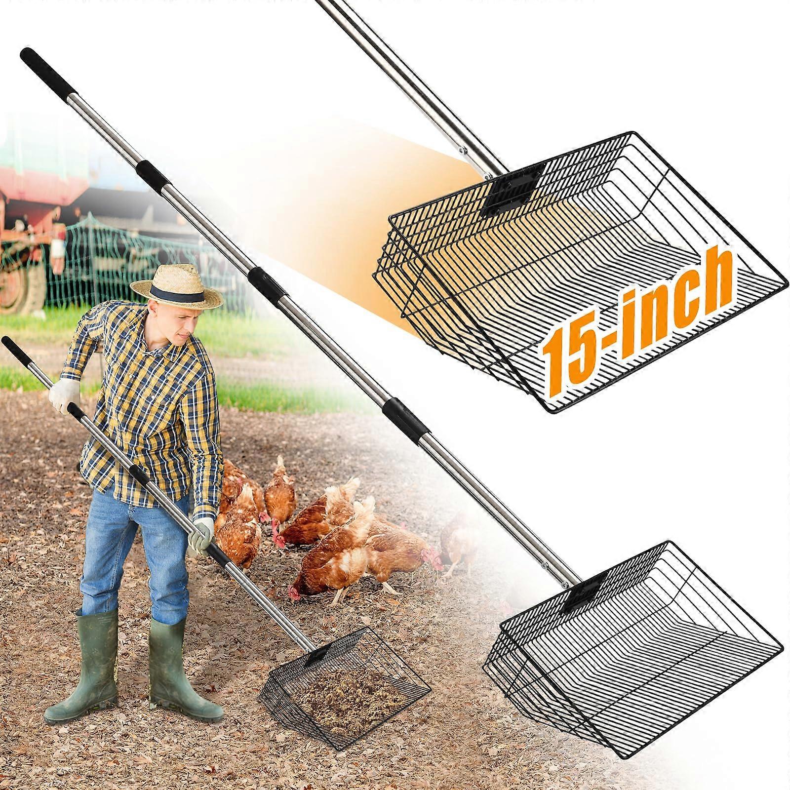 15 Inch Extra Large Chicken Poop Scooper with Adjustable 24 to 68 Inch Stainless Steel Handle for Easy Cleanup