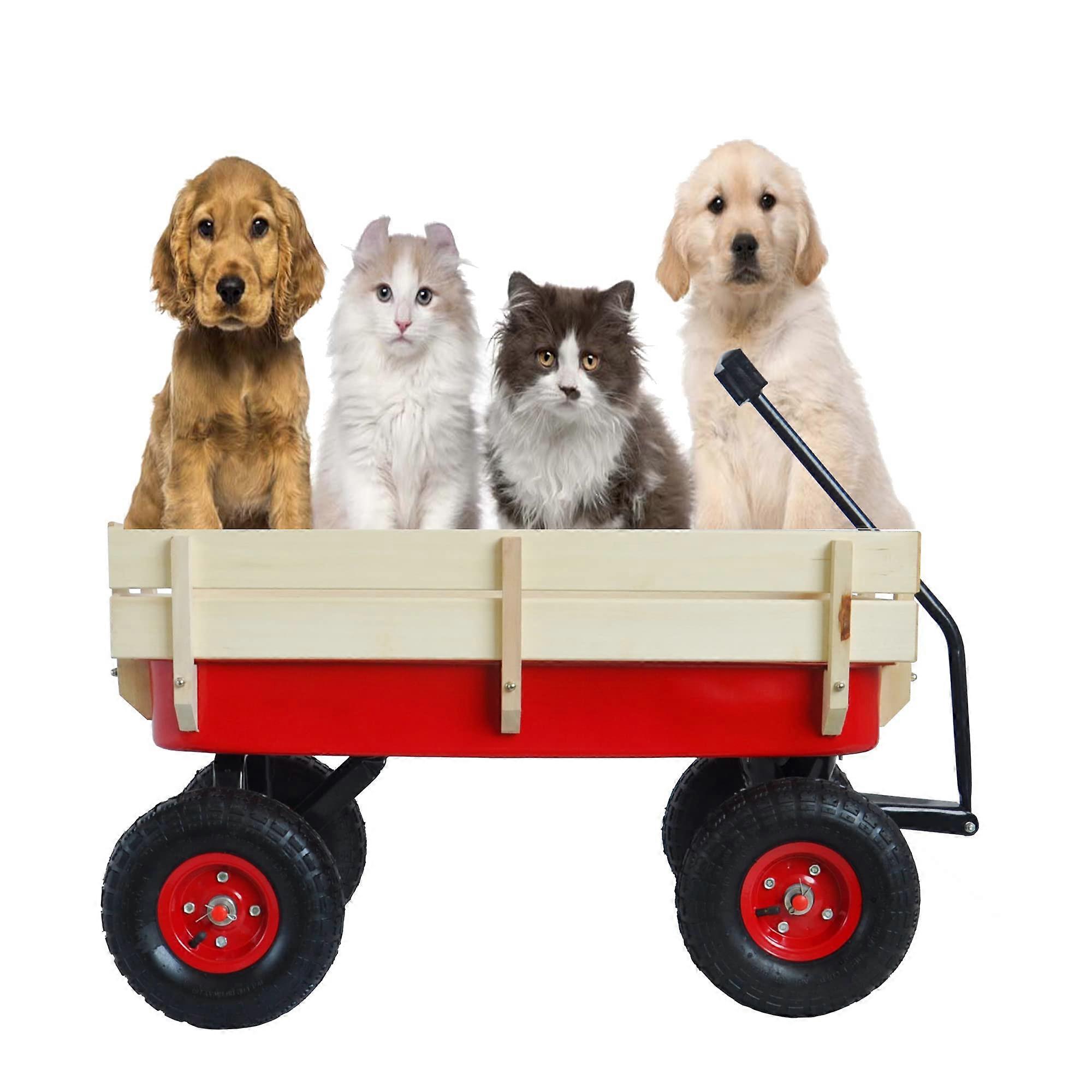 Outdoor Sport Wagon Pulling All Terrain mit abnehmbaren Seitenwänden aus Holz Luftreifen Big Foot Panel Wagon für Kinder (rot)