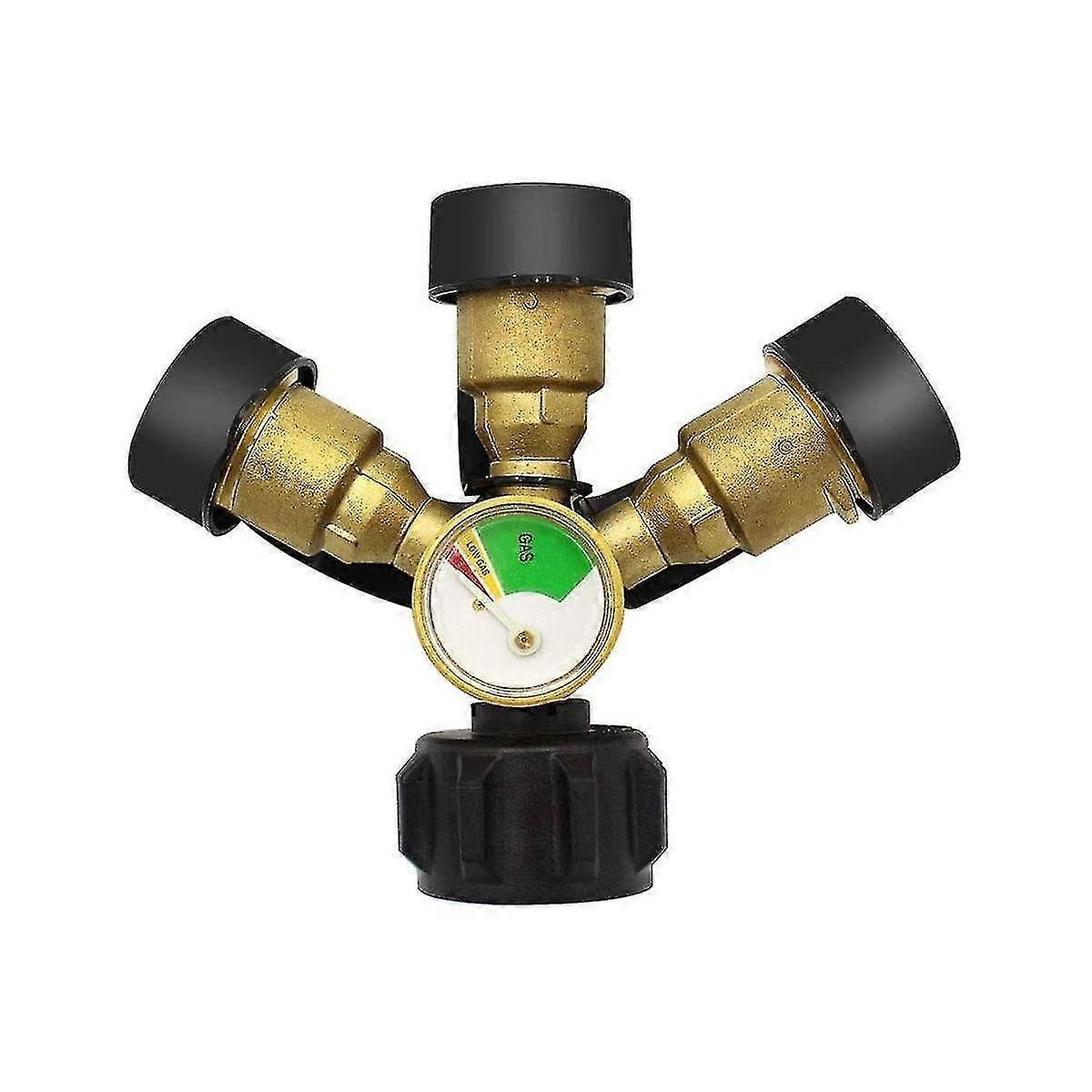 3-Way Propane Splitter with Pressure Gauge & Shut-Off Valve, Gas Distribution Tee for LP/Propane Tanks (3 Outlets)