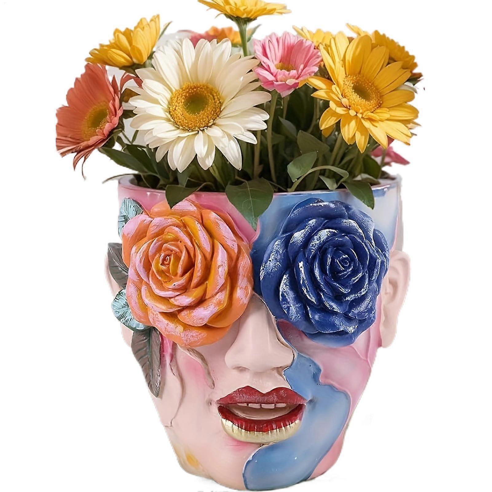 Flower box for the head, flower head for the face, resin flower pots with abstract beauty face and colorful rose eyes
