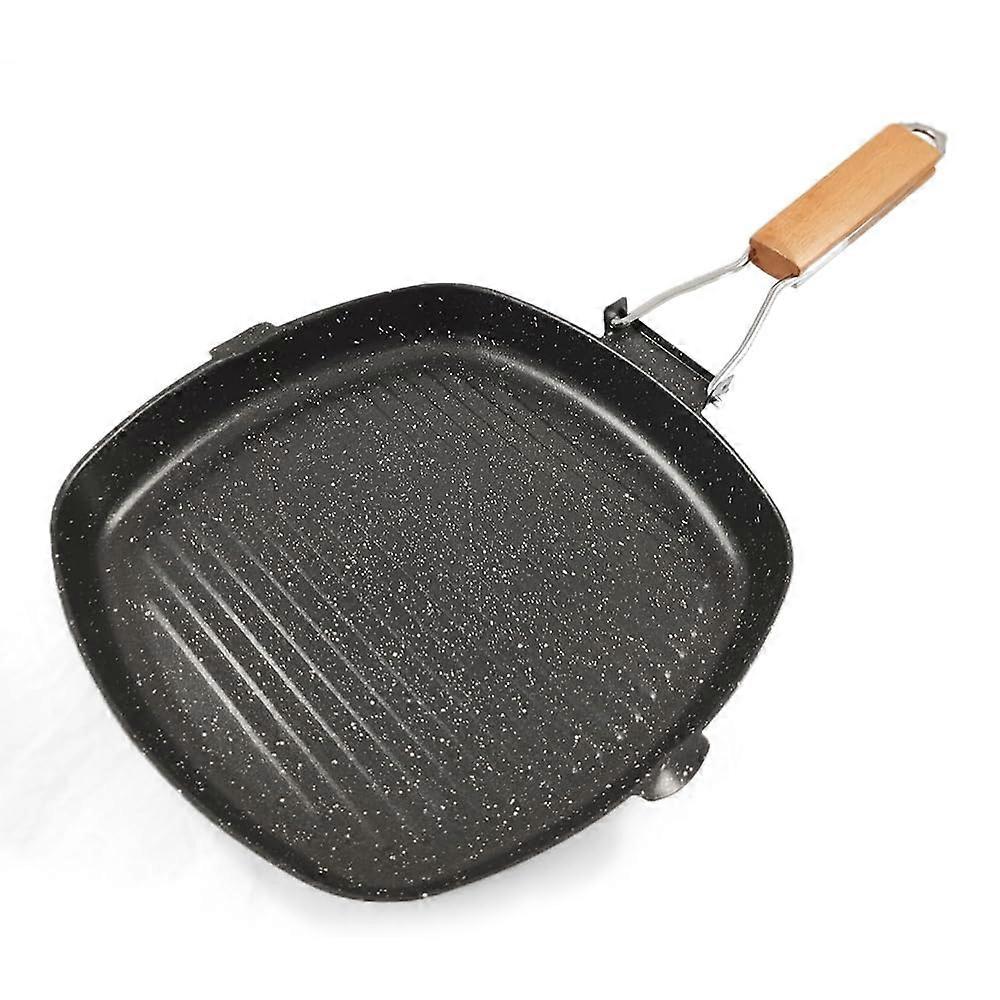 Grill Pan 24 cm Carbon Steel Non-Stick Dishwasher Safe with Folding Wooden Handle for Induction and All Hobs
