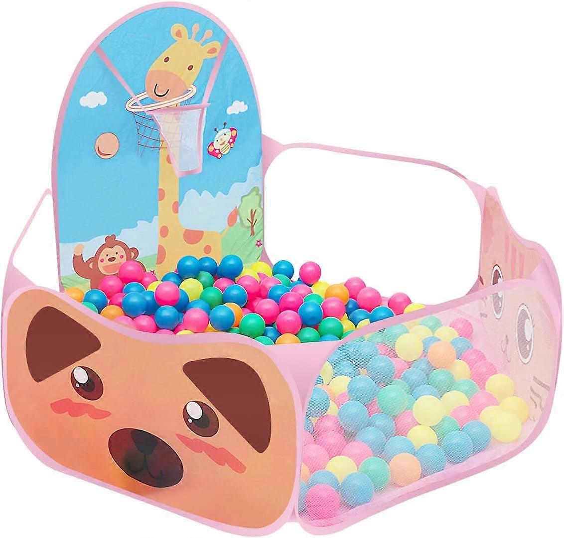 AURA Kids Ball Pit, Pop Up Folding Cartoon Play Tent Pit Pool with Basketball Hoop for Kids,120 * 74 cm,Pink