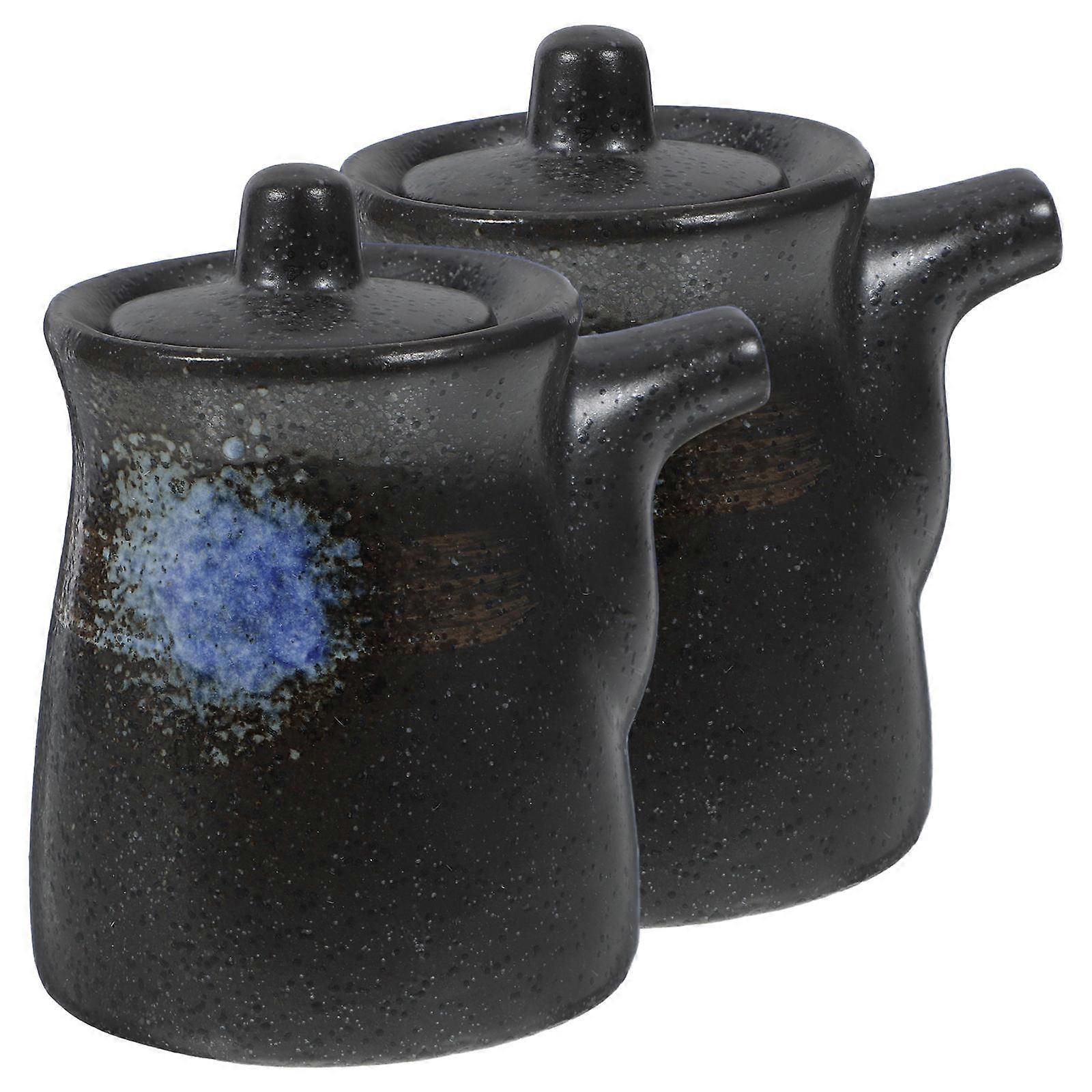 キッチン用蓋付きセラミック醤油ディスペンサーブラック 2 個スタイリッシュソースボトル収納用