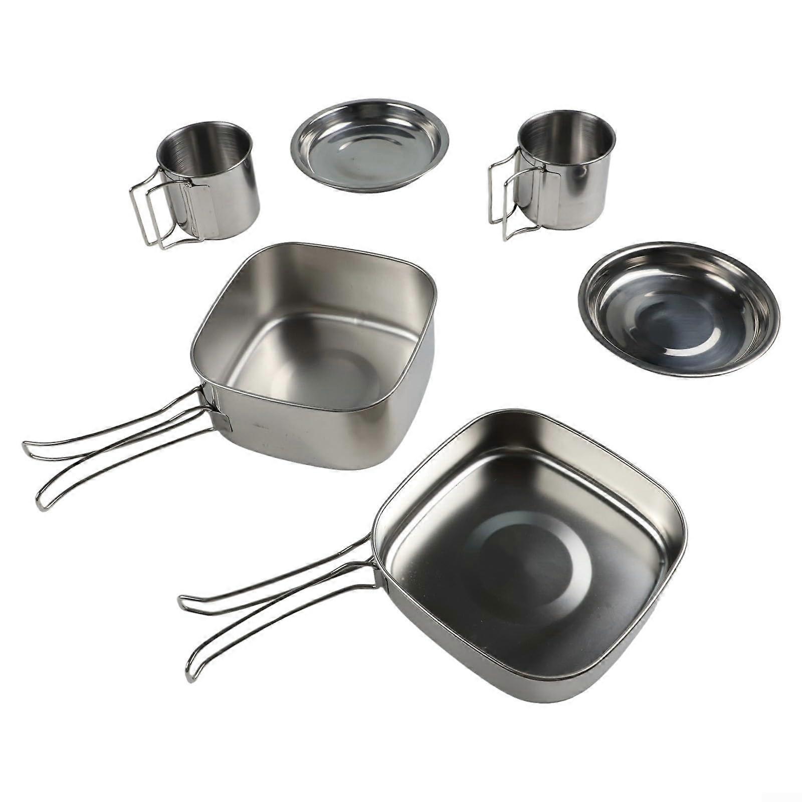 Practical stainless steel camping dinnerware set, lightweight and stackable for easy carrying on hikes.