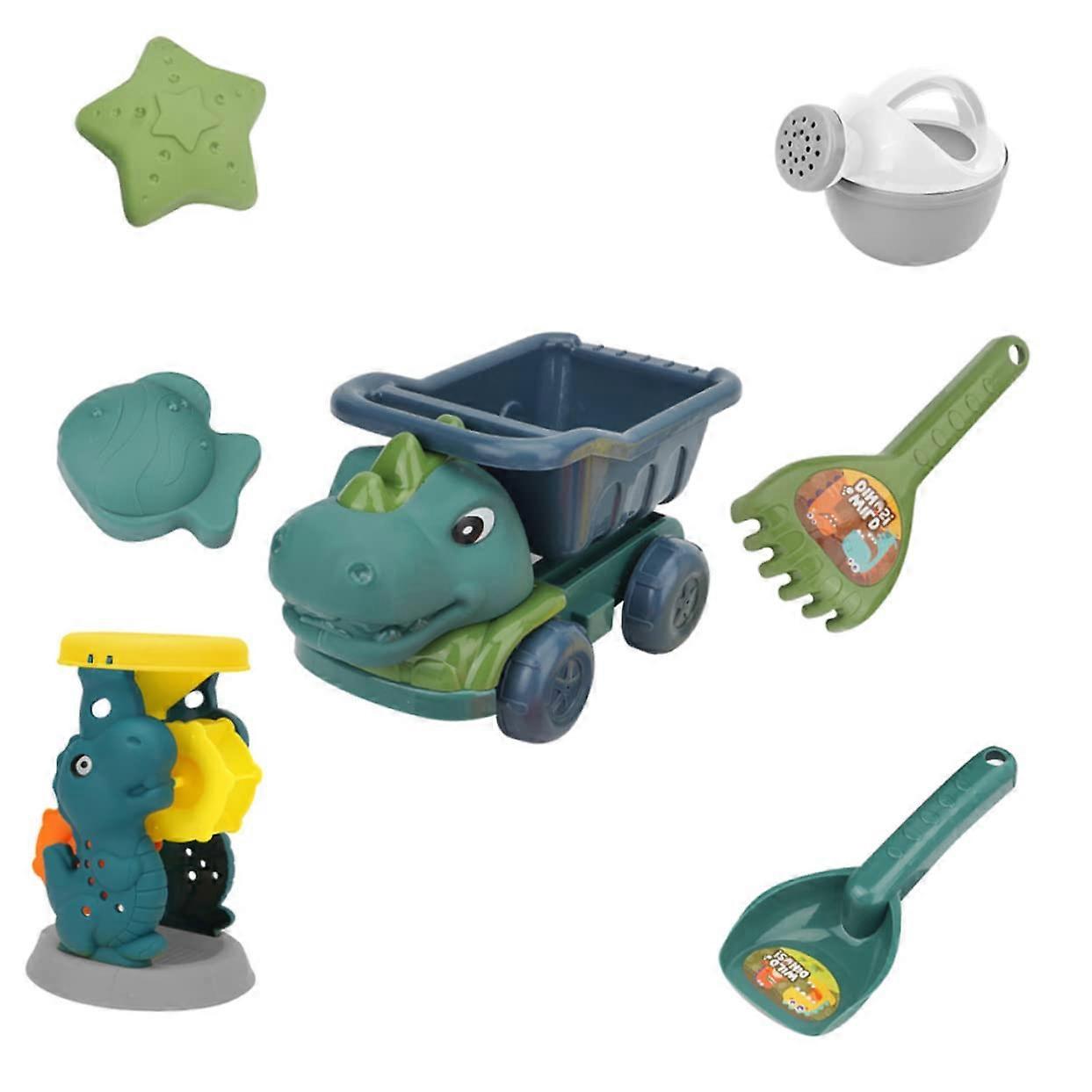 Sand toy set for partial dinosaur engineering truck, outdoor beach toys for use at the beach, sandbox, or garden.