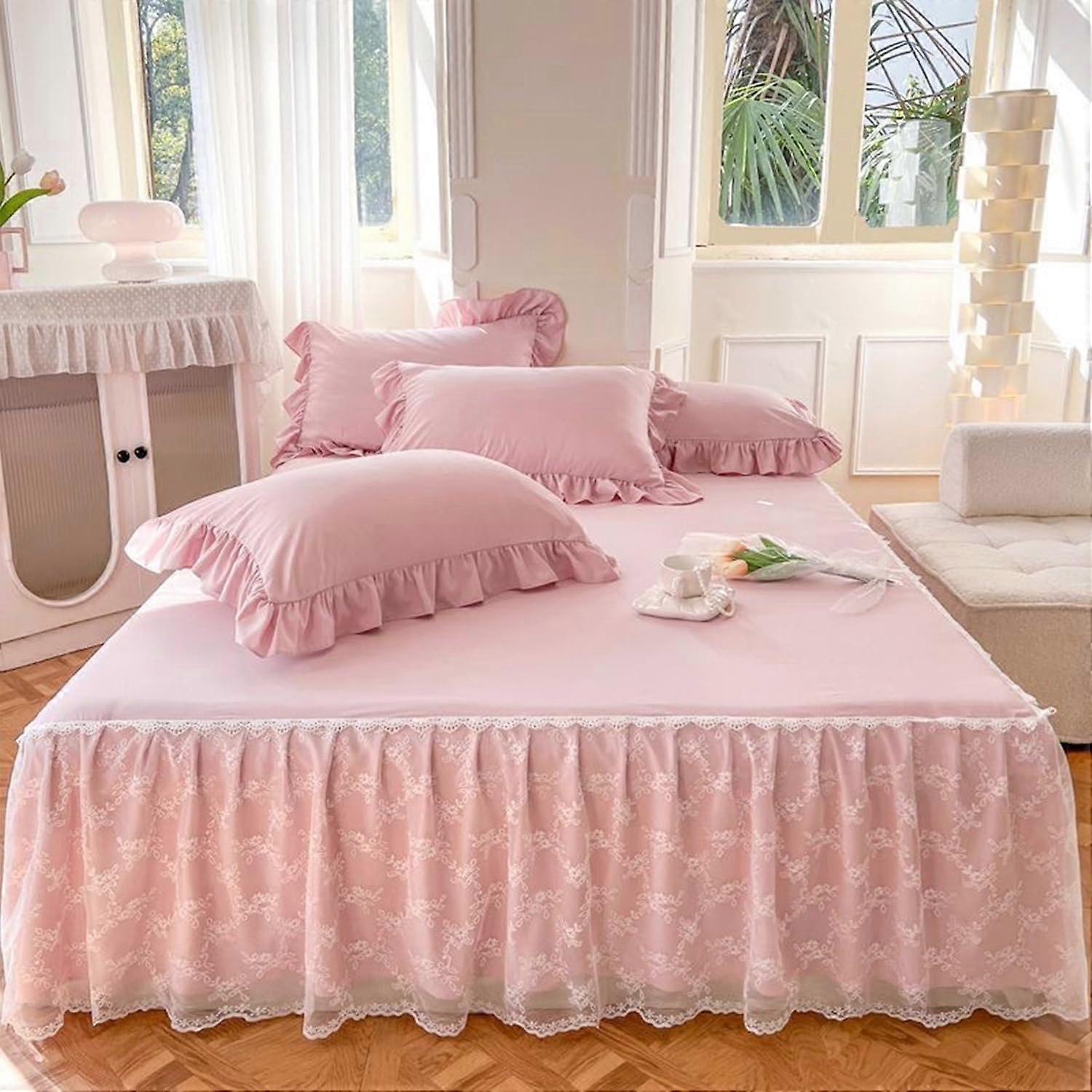 Fitted Sheet Cream Soft With Wrap-Around Bedskirt Mattress Protector - Queen/Double 200x220 Pink - 2 Pillowcases