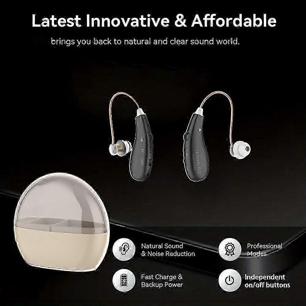 Elderly hearing aid black, noise reduction with adjustable volume, with charging compartment