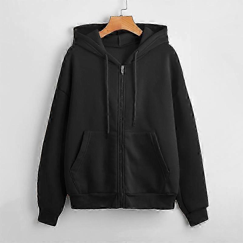 Women's Solid Color Loose Fit Fleece Sweatshirt with Zip-Up Design and Long Sleeves for Casual Wear