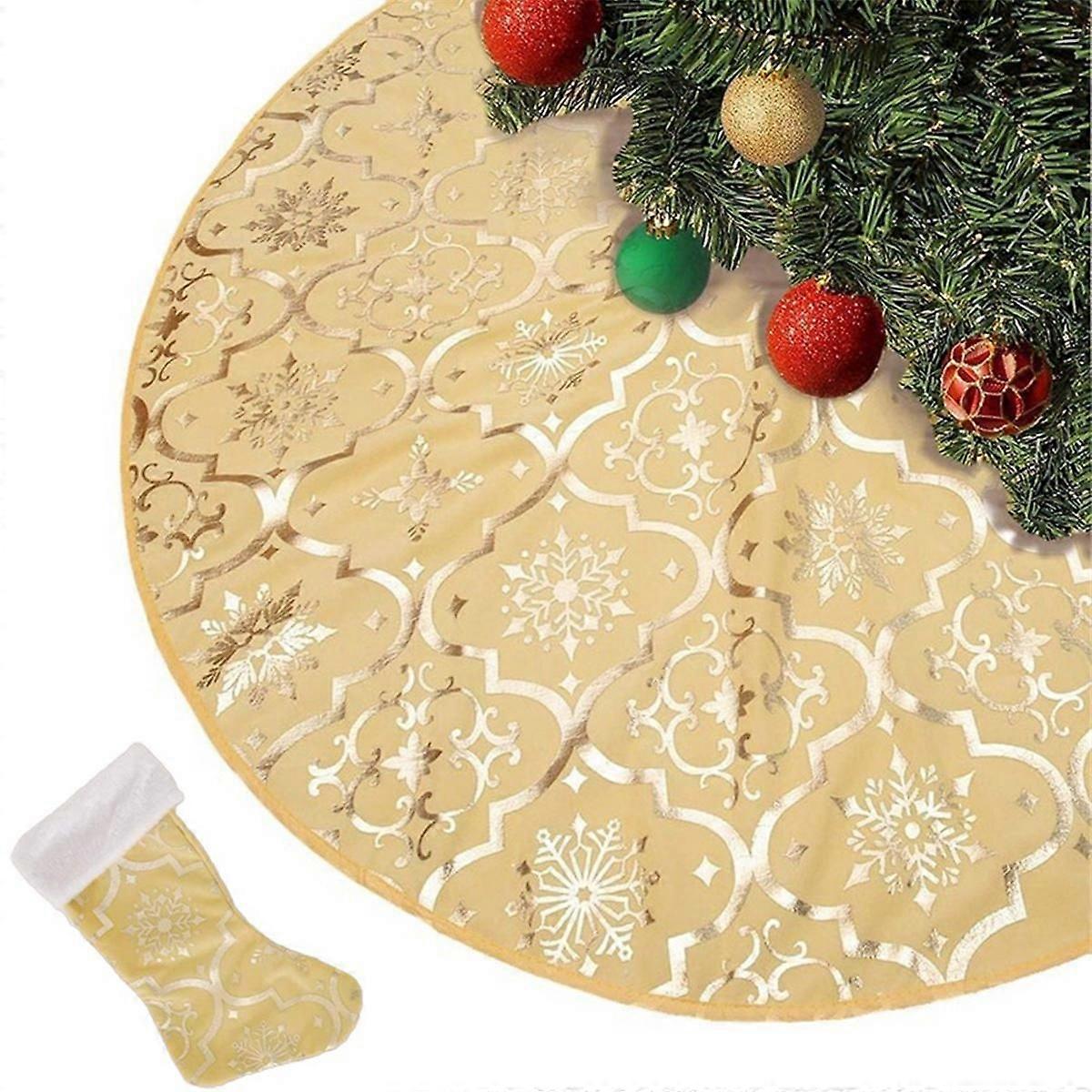 48 polegadas saia da árvore de Natal Xmas Soft Cover Mat Decor Snowflake Collar Farmhouse Árvore saia, ouro