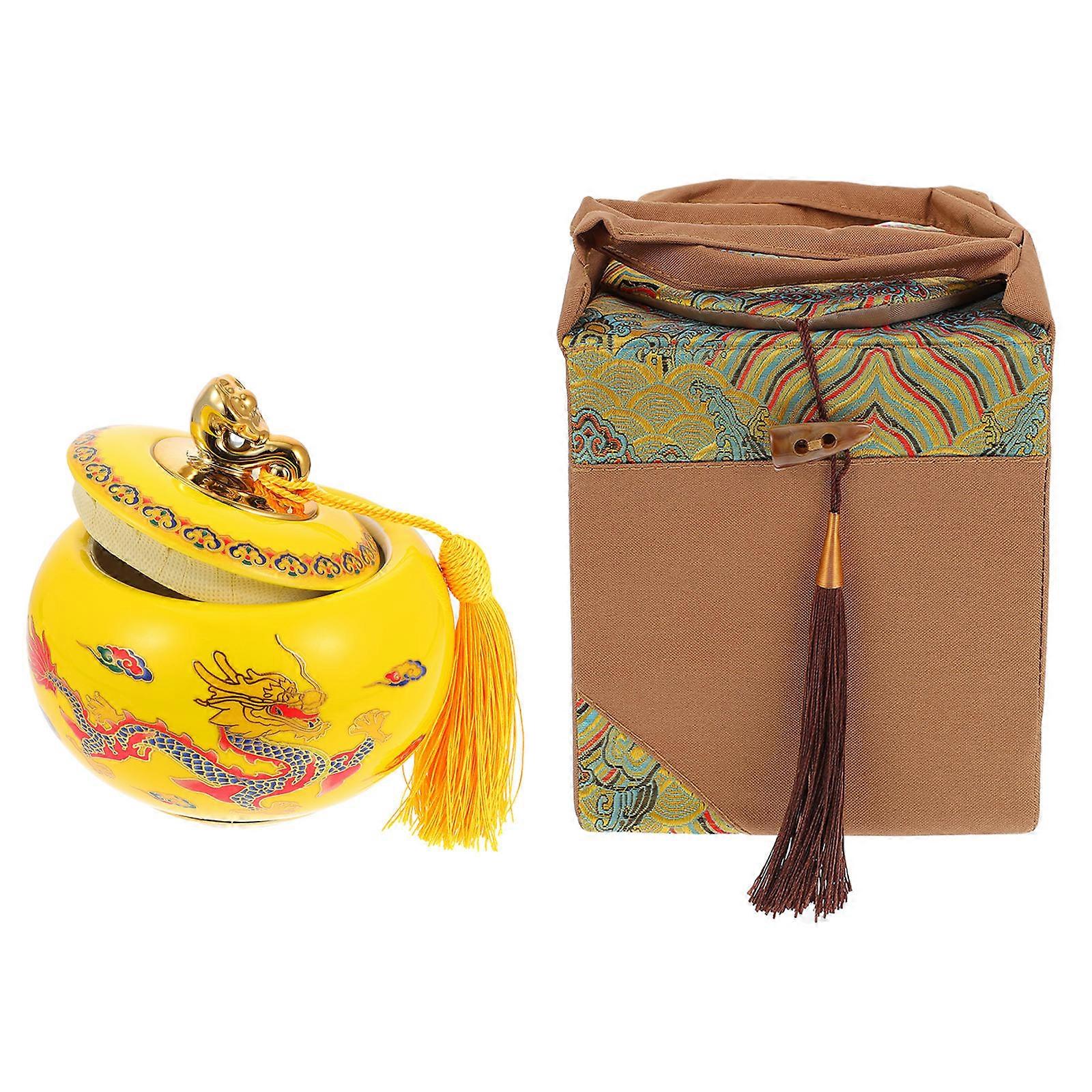 Ceramic Tea Storage Jar for Storage 2Sets with Vintage Printed Pattern and Bag