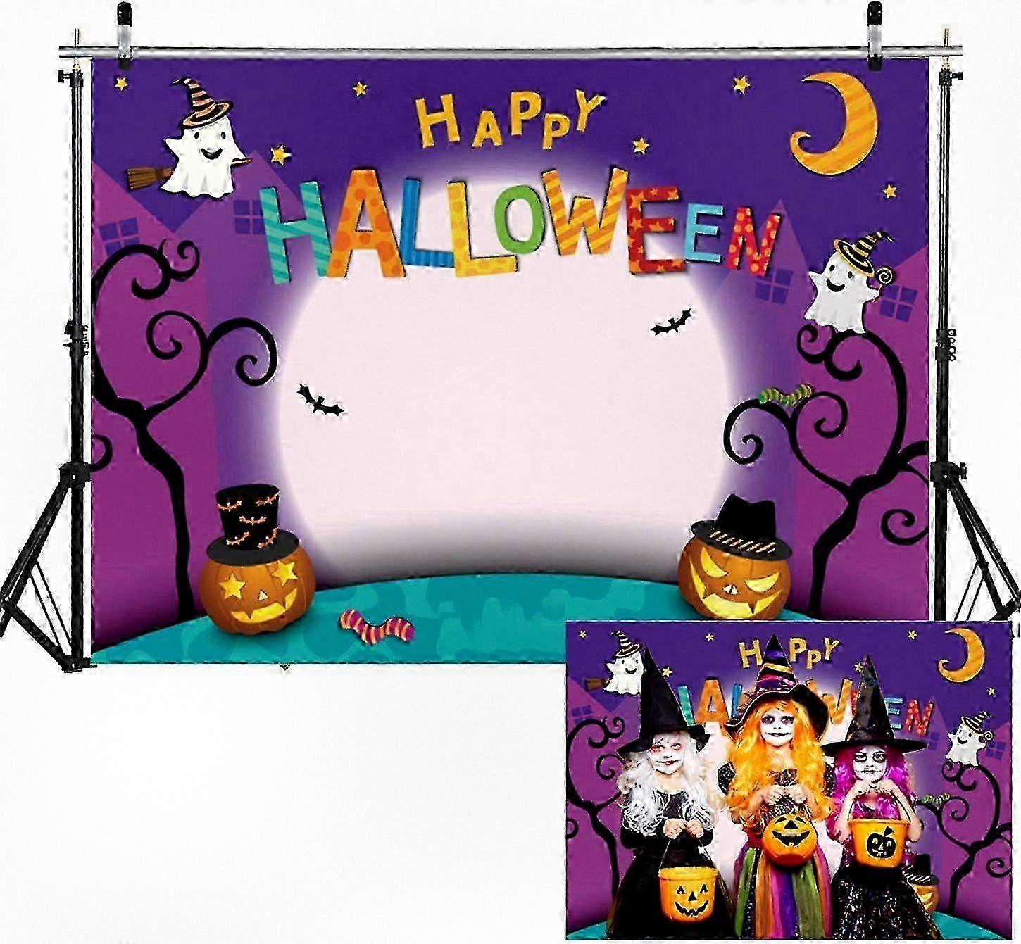 7x5ft Cartoon Halloween Photo Backdrop with Pumpkin and Moon Design for Happy Halloween Party, Vinyl Photography Background Ideal for Studio