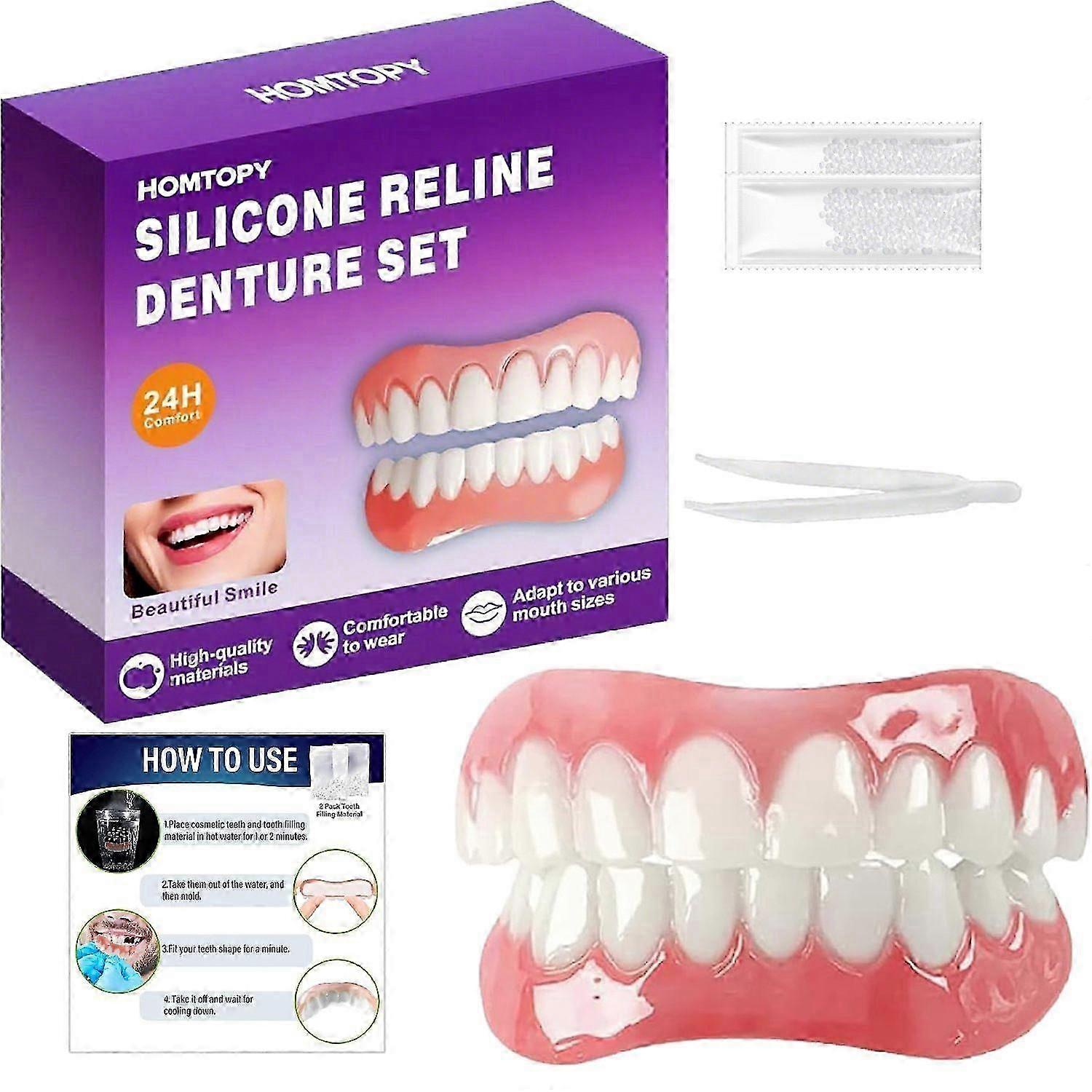 Professional Silicone Denture Reline Kit for Upper and Lower Veneers with Comfortable Fit and Smile Renewal