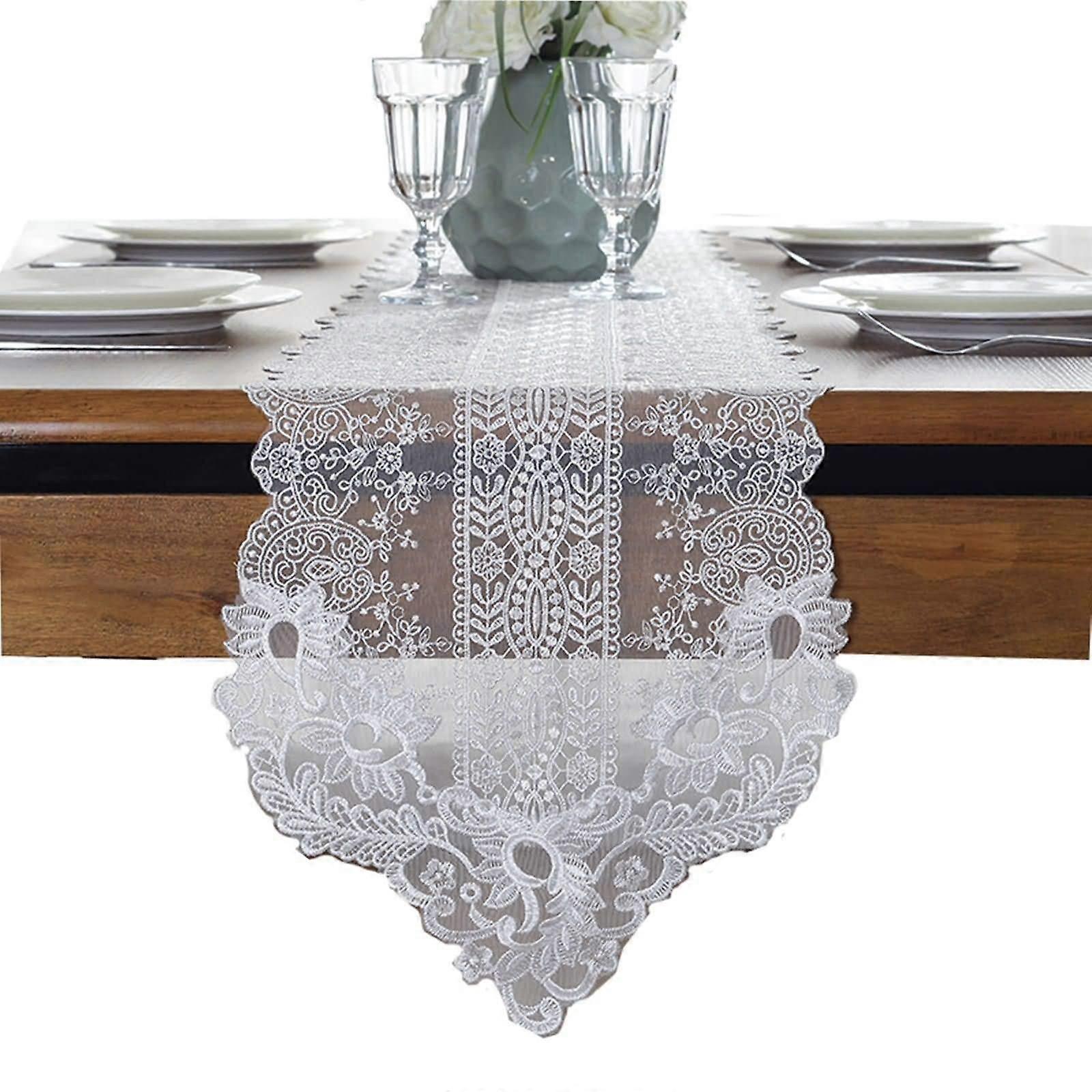 Table Runner 30x150 Cm Polyester Floral Pattern With Lace White