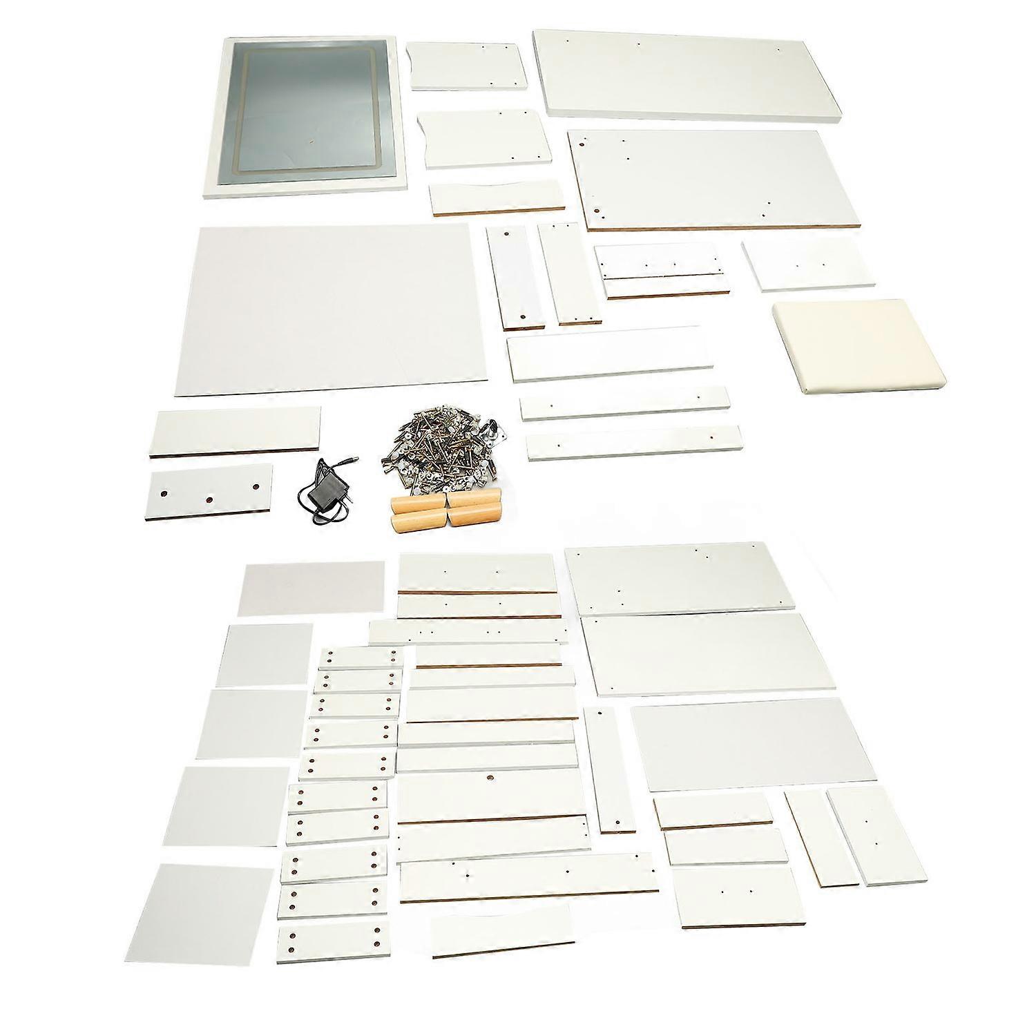 Dressing Table Modern Multi Functional Lighted Mirror Vanity Desk with Drawers Shelves Padded Stool 