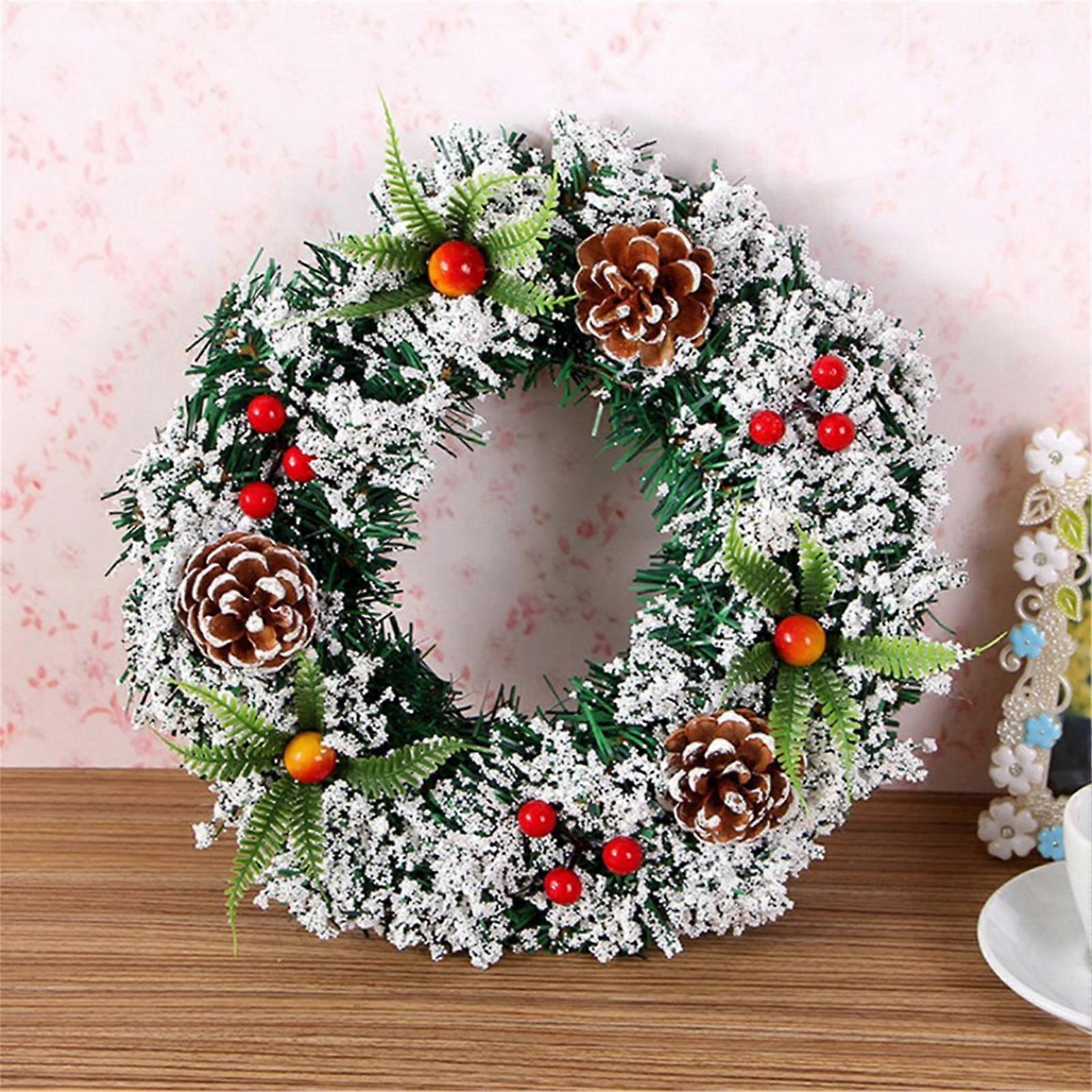 Limei Artificial Christmas Wreath, Green Crestwood Spruce with Pine Cones, Berries, Frosted Branches, 8 Inches