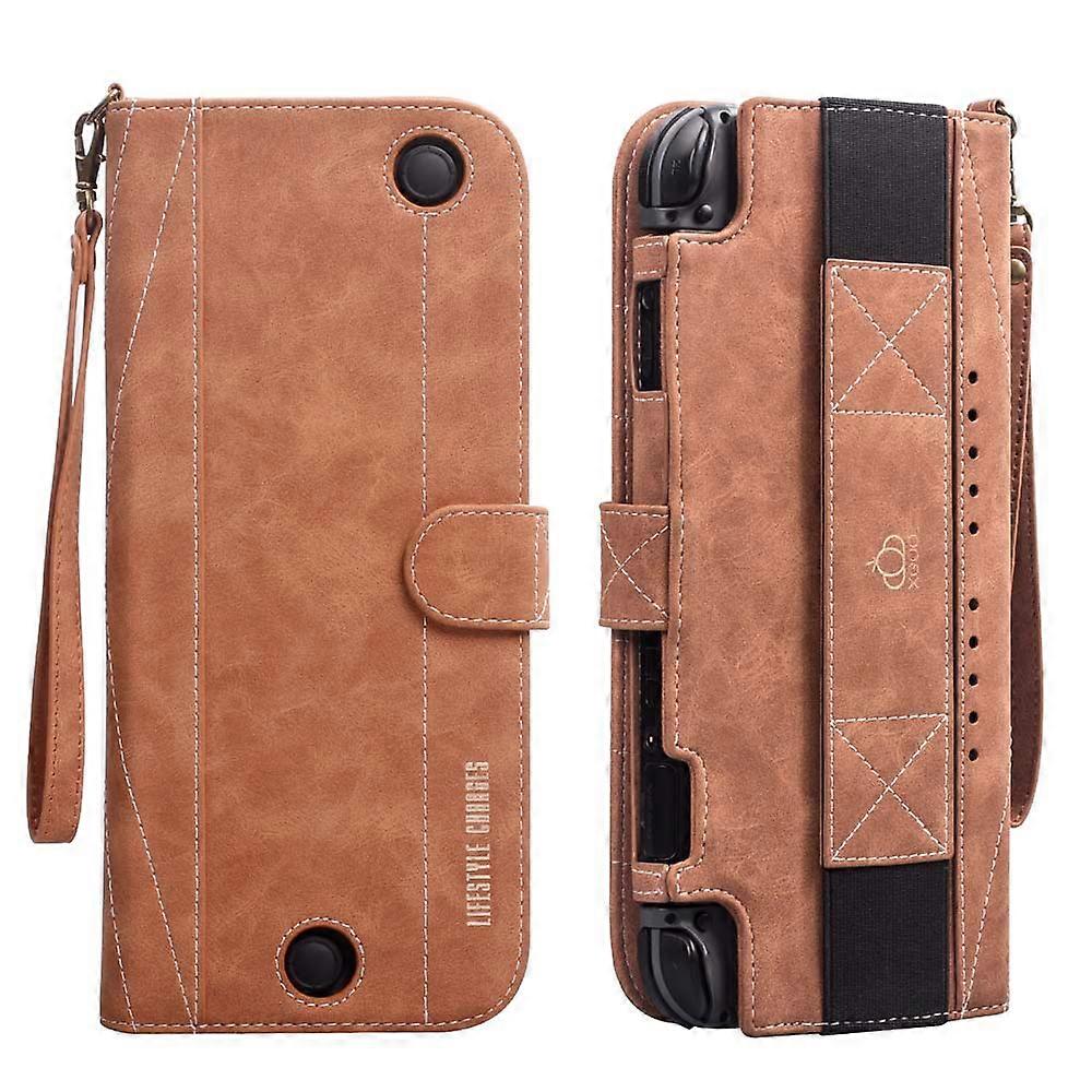 Étui en cuir PU multi-emplacements pour cartes pour Nintendo Switch OLED, avec support, rabat, portefeuille et dragonne.