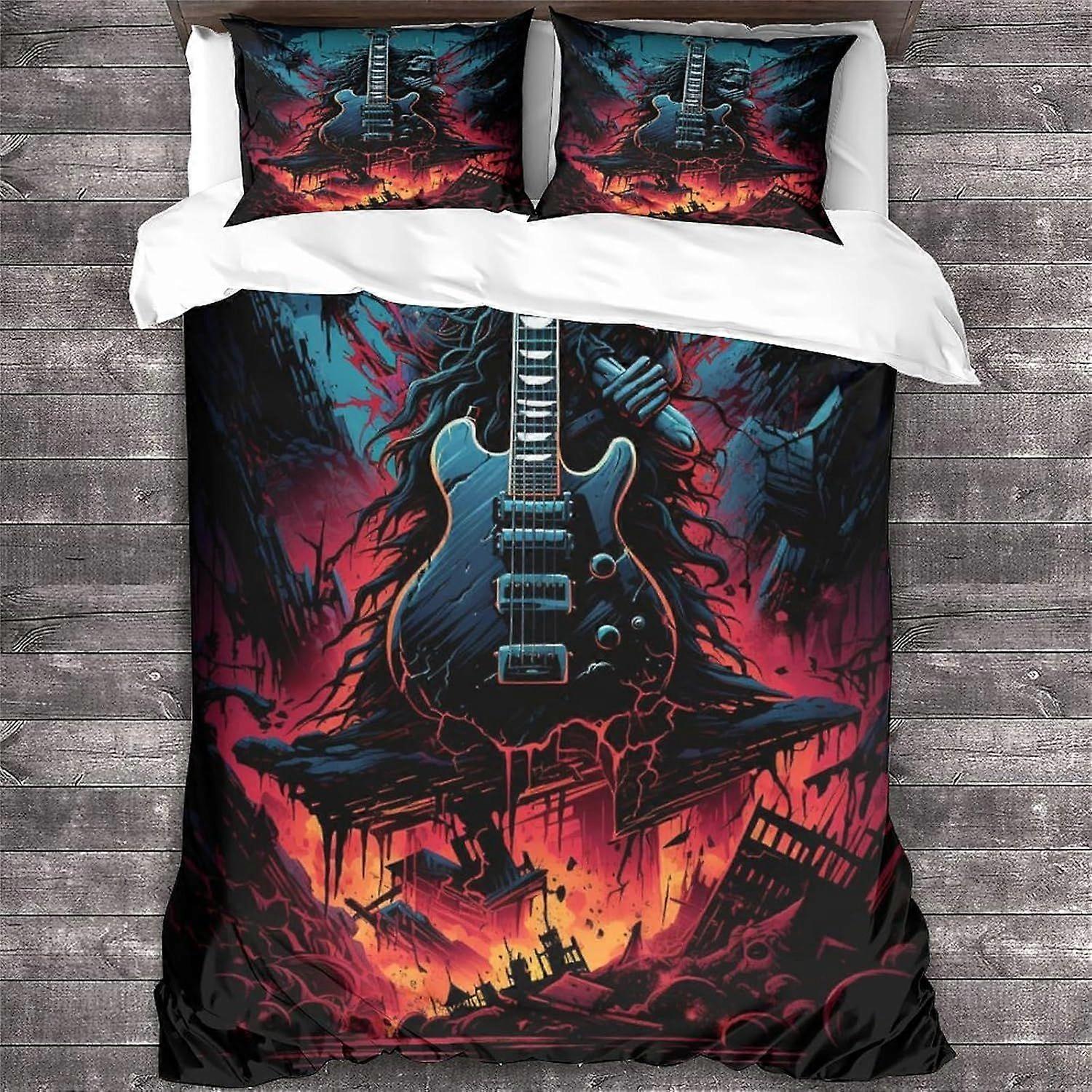 مجموعة غطاء لحاف من روك أند رول ، مجموعة فراش تحت عنوان طباعة الجمجمة ثلاثية الأبعاد ، مجموعة فراش جيتار معدنية ثقيلة من الألياف الدقيقة ناعمة للمراهقين 3 قطع ، لديكور المنزل