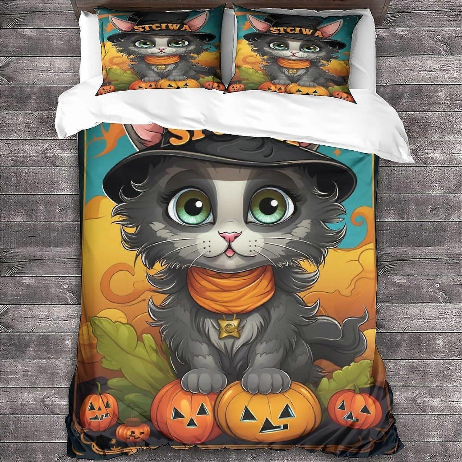 LikeEj القط الفراش مجموعة لحاف غطاء هالوين موضوع لحاف غطاء ستوكات تنفس غطاء المعزي الملك