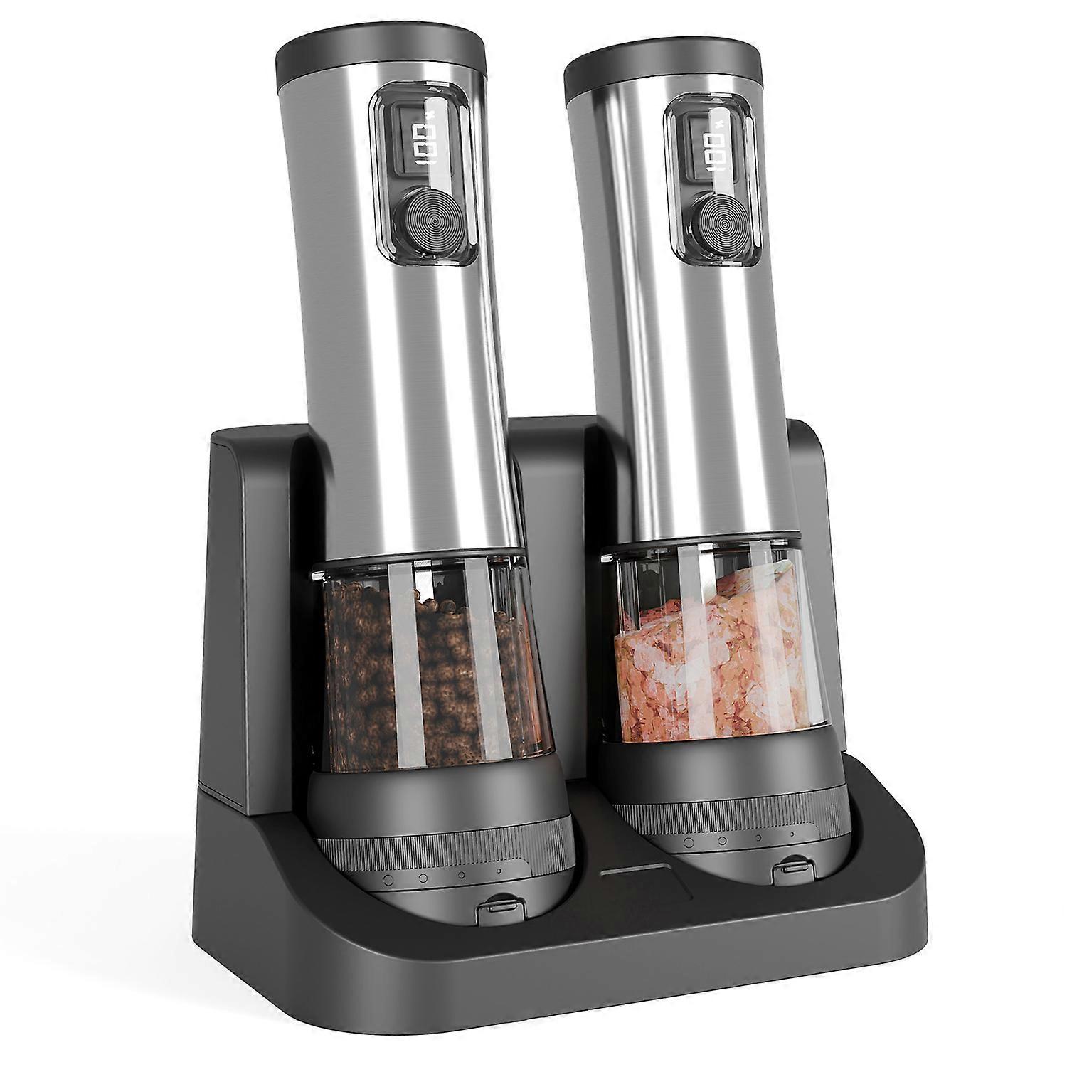 Electric Salt and Pepper Grinder Set, 2Pcs Rechargeable Automatic Salt and Pepper Mills with Battery Display Charging Base
