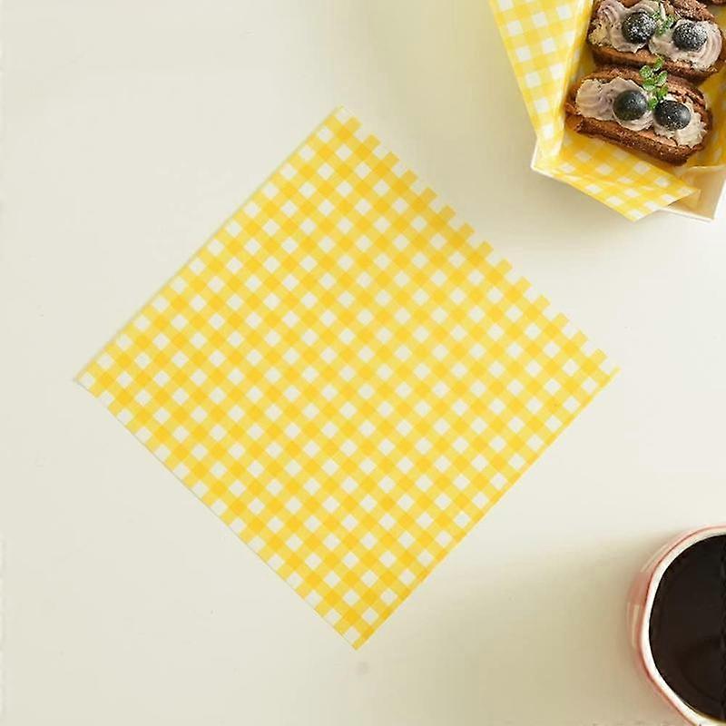 100 count Wax Paper Sheets for , Basket Liners  Picnic Paper Sheets Greaseproof Deli Wrapping Sheets, 7 x 7 Inch (Yellow Checke)